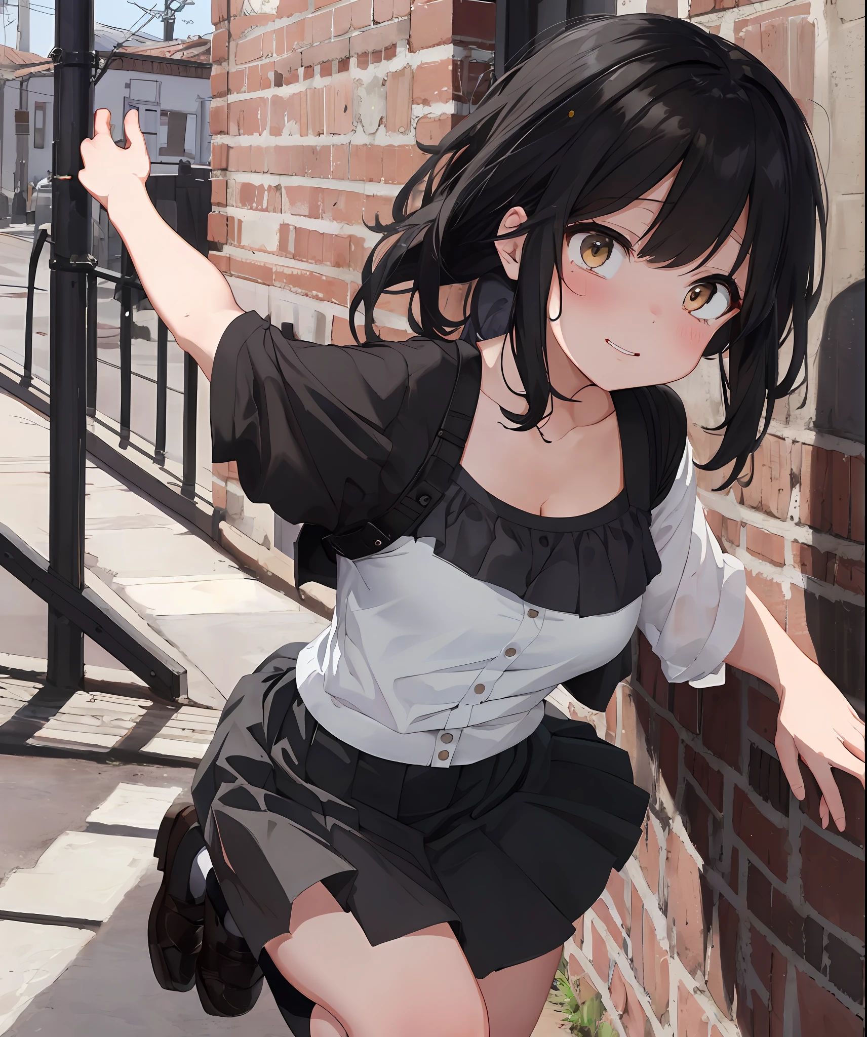 {{{Masterpiece}, {{Highest Quality}, {{Ultra Detail}}, {{Illustration}, {{Very Delicate and Beautiful}}, everyday, cute, girl, energetic, active, tomboy, jumping, black hair, long skirt, cleavage visible, (nsfw:0.9)