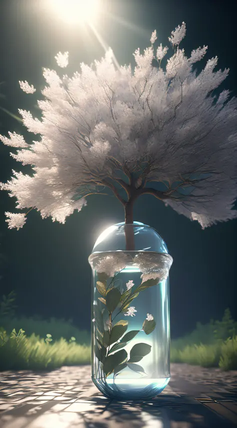 A dreamy art tree in a bottle, fluffy, realistic, photographic, canon, dreamy, artistic, splendid leaves and branches with flowers above its head. Greg Rutkowski's Ultra Detailed Photo Realism - H1024W 804 | F16 Lens Markers 2:2 S 35555 mm Film Particles: ...