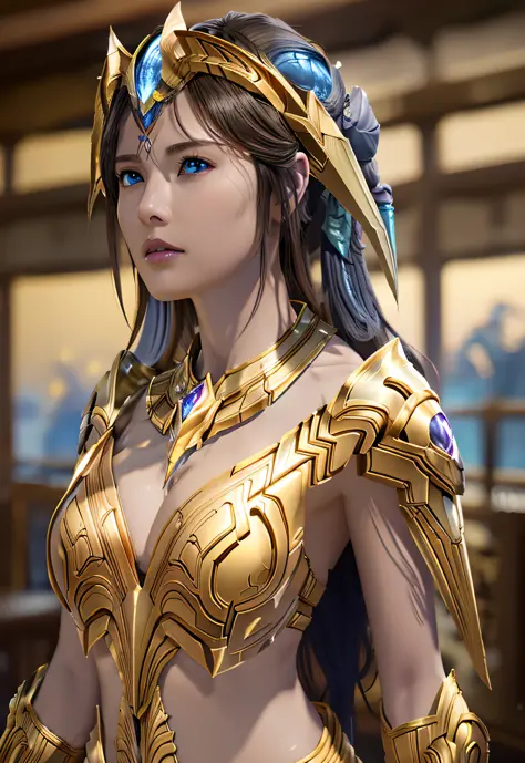 Protoss, (Best Quality), (Masterpiece), (High Resolution), (Complex Detail),Ultra Detailed Complex 3D Rendering of Profile Face, (Photorealistic), (Cinematic Light) Golden Crest, (Colossal: 4.8), Intricate Details, 1 Girl, No Bra, Clavicle, (Big), Big, Lar...