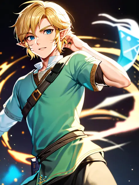 masterpiece, best quality, 1boy, solo, upper body link, the legend of zelda, blue tunic, blonde hair, pointy ears, highly detail...