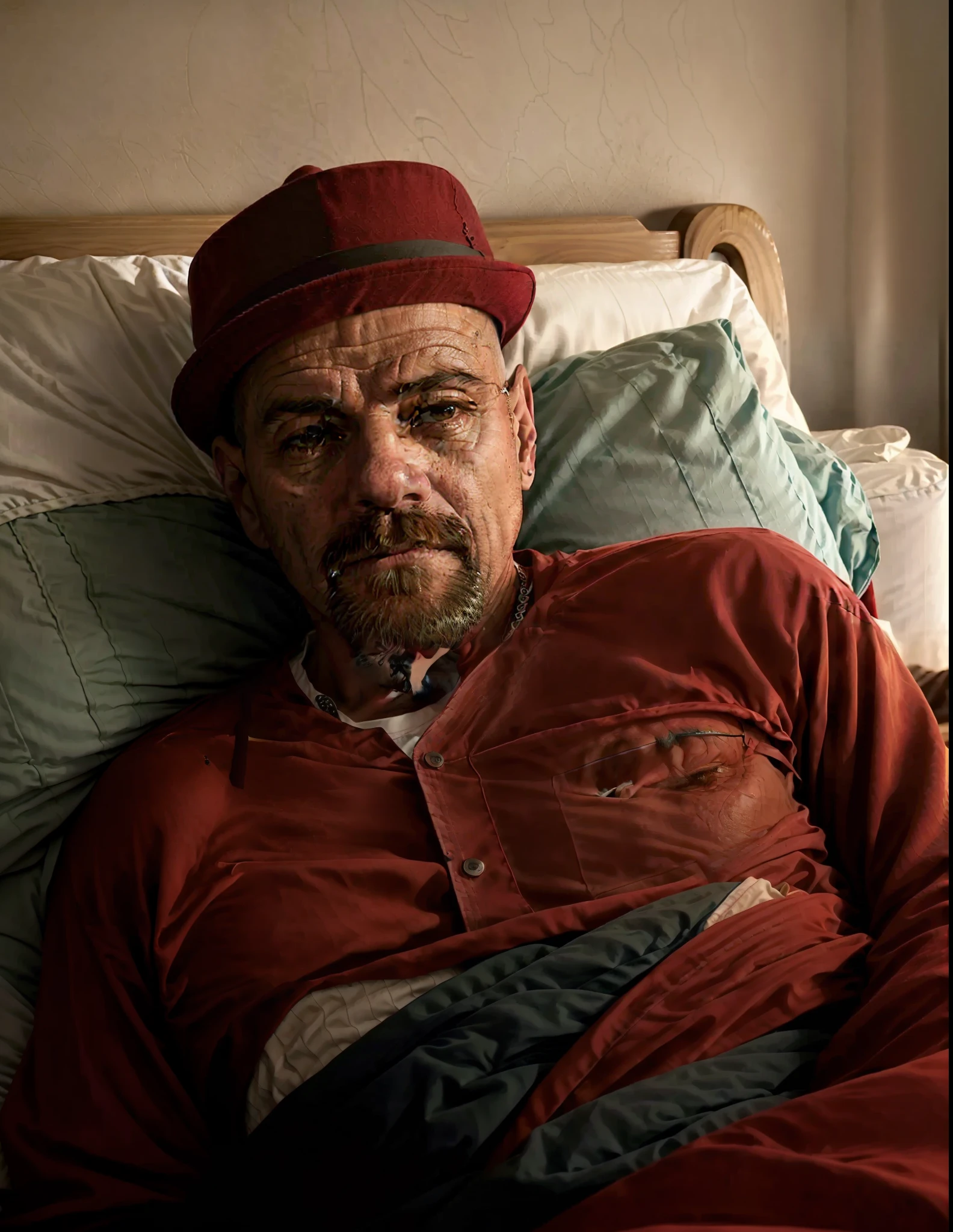 一名男子躺在床上，戴着一顶红帽子, 4 0歲男子, (38岁), 安德烈斯·裡奧斯, 罗纳尔多·路易斯·纳扎里奥·德利马, 約3-5歲, 埃洛伊·莫拉萊斯, 5 0 岁男子, 照片逼真, 45歲男性, 維克托·馬里斯坦, 卡梅隆·布蘭迪諾