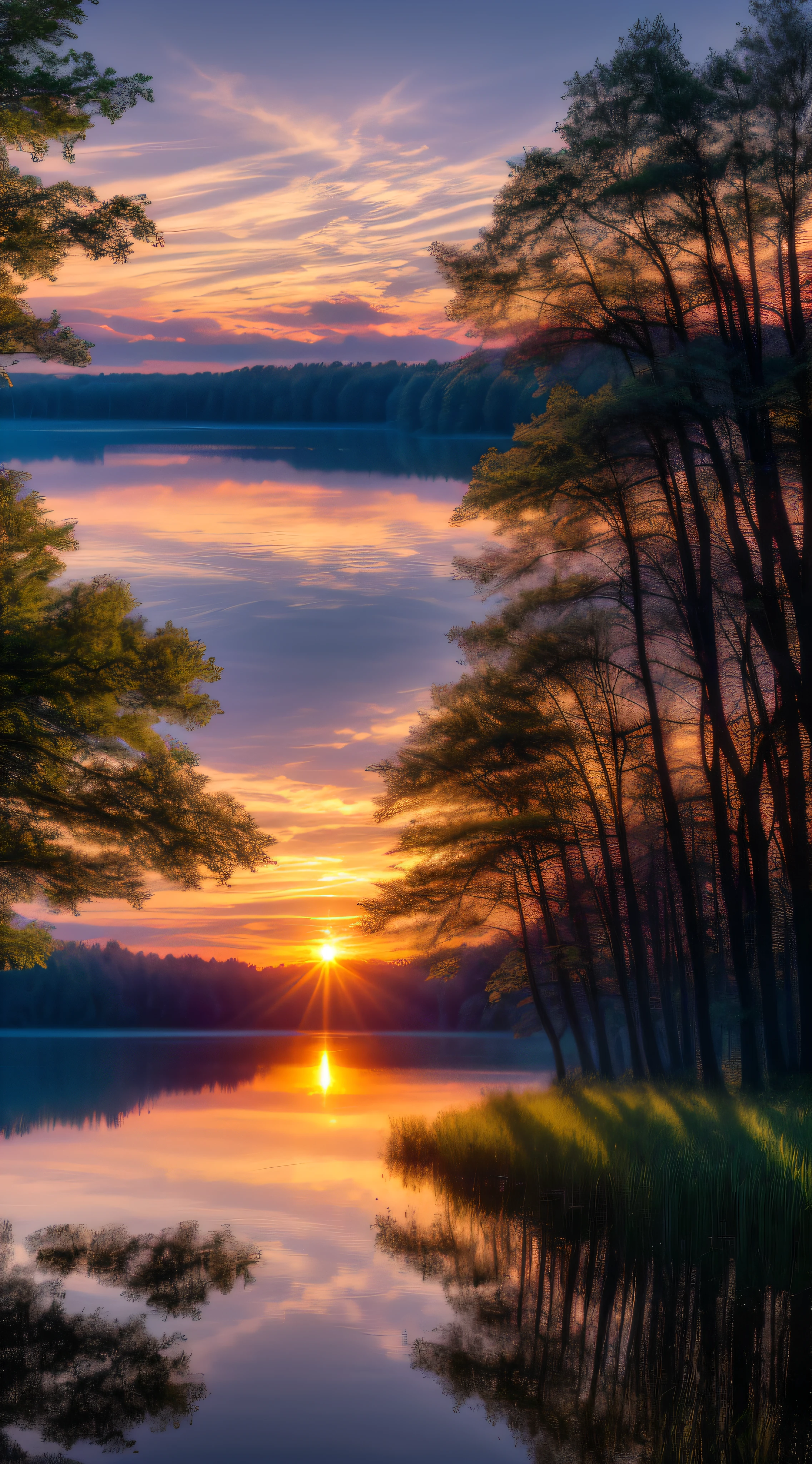 Wallpaper, summer, lake, dawn, forest, clouds, dawn background, depth of field, HD detail, hyperdetail, cinematic, soft light, deep field focus bokeh, ray tracing, diffuse (ultra-fine glass reflection) and realism. --v6