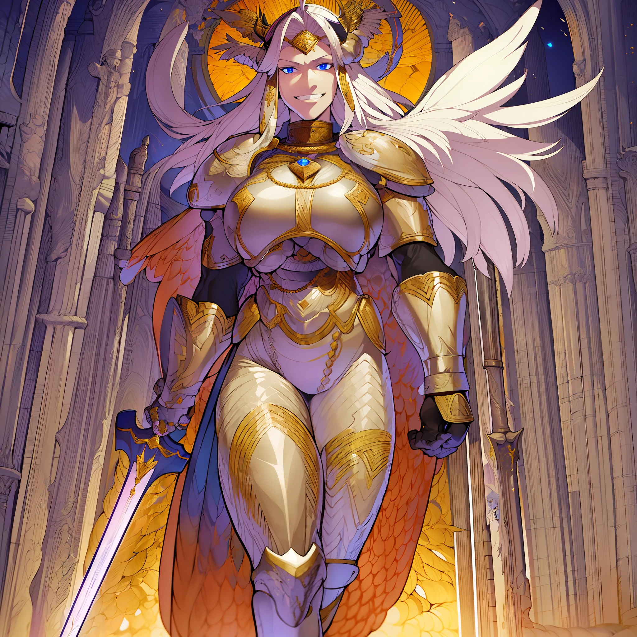 knight, maiden, holding the sword, schield holding, angel, silver hair, blue eyes, portrait, 1character, whole body, musclegirl, huge chest, tall woman, portrait, whole body, smile, pants, angel halo, walking