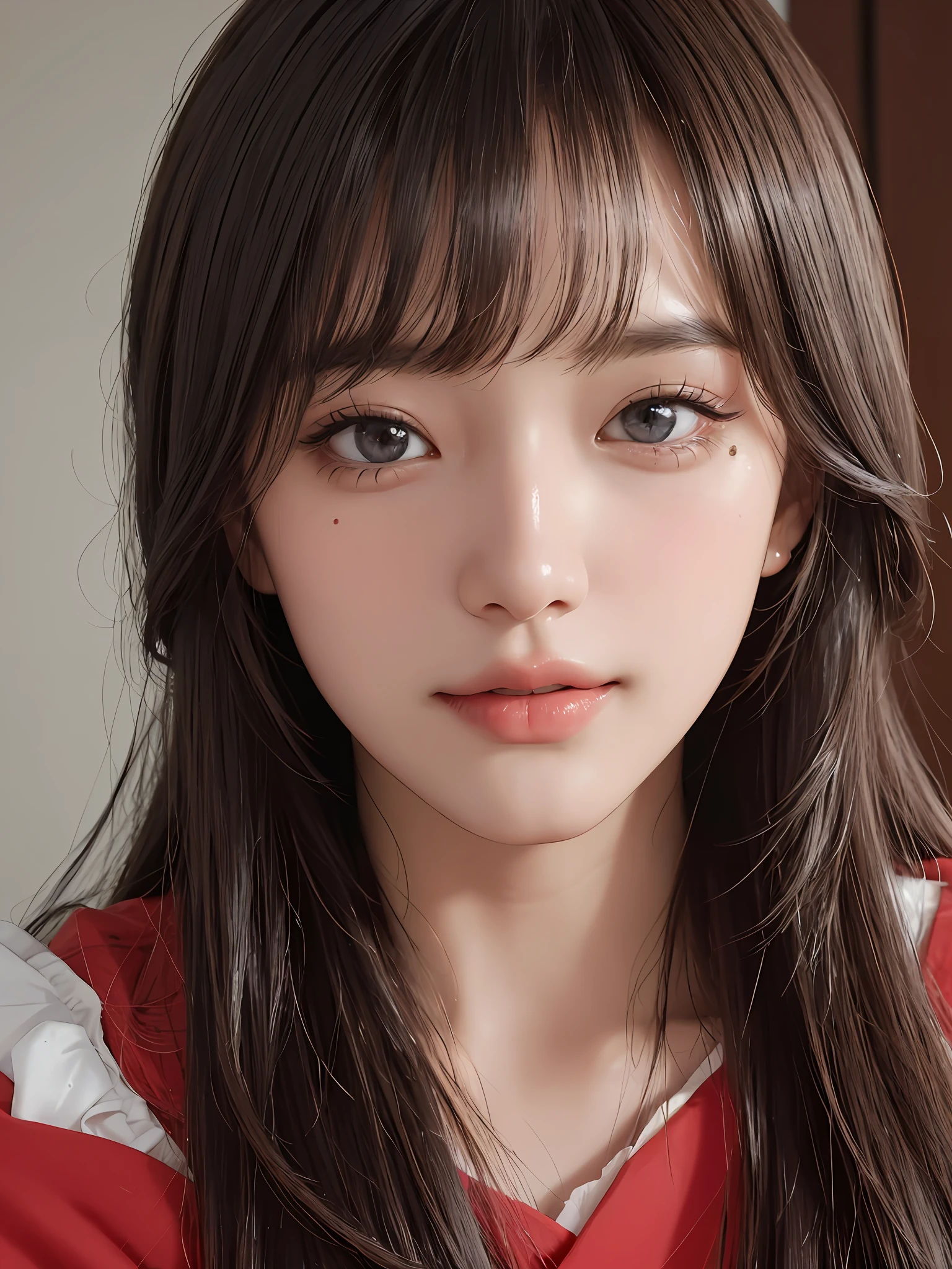 masterpiece, best picture quality, high quality, beautiful girl, Japanese, Japanese school girl, popular Korean makeup, detailed, swollen eyes, detailed eyes, detailed skin, beautiful skin, ultra high resolution, (reality: 1.4), very beautiful, slightly younger face, beautiful skin, slender, (ultra realistic), (illustration), (high resolution), (8K), (highly detailed), (best illustration), (beautifully detailed eyes), (super detailed), (wallpaper), (detailed face), looking at viewer, fine details, detailed face, pureerosfaceace_v1, smiling, looking straight ahead, looking straight ahead, angle from waist up, realistic photo, bright lighting, professional lighting, blonde, long hair, dark ruins, big red moon, gorgeous red and black dress, mature woman, long stylish bangs,キスショット・アセロラオリオン・ハートアンダーブレード