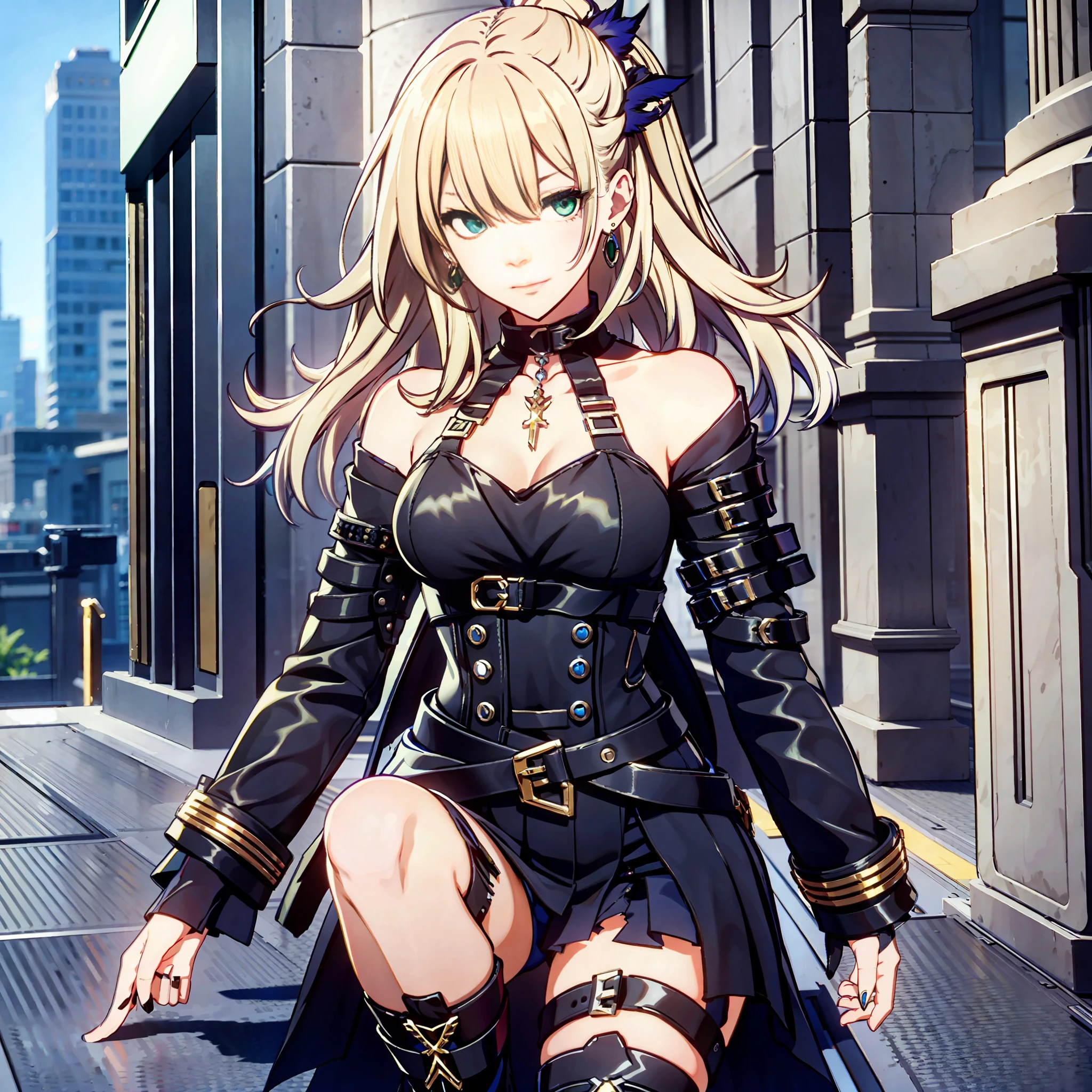masterpiece, best quality, 1girl, , female focus, solo, blonde hair, vibrant green eyes, looking at viewer, High quality metal texture, closed mouth, bangs, high collar,(kbxll:0.6), Fantasy aesthetics, Highly detailed, shadowverse style, full body, leather jacket