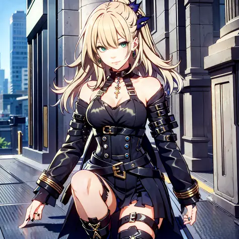 masterpiece, best quality, 1girl, child, female focus, solo, blonde hair, vibrant green eyes, looking at viewer, High quality metal texture, closed mouth, bangs, high collar,(kbxll:0.6), Fantasy aesthetics, Highly detailed, shadowverse style, full body, le...
