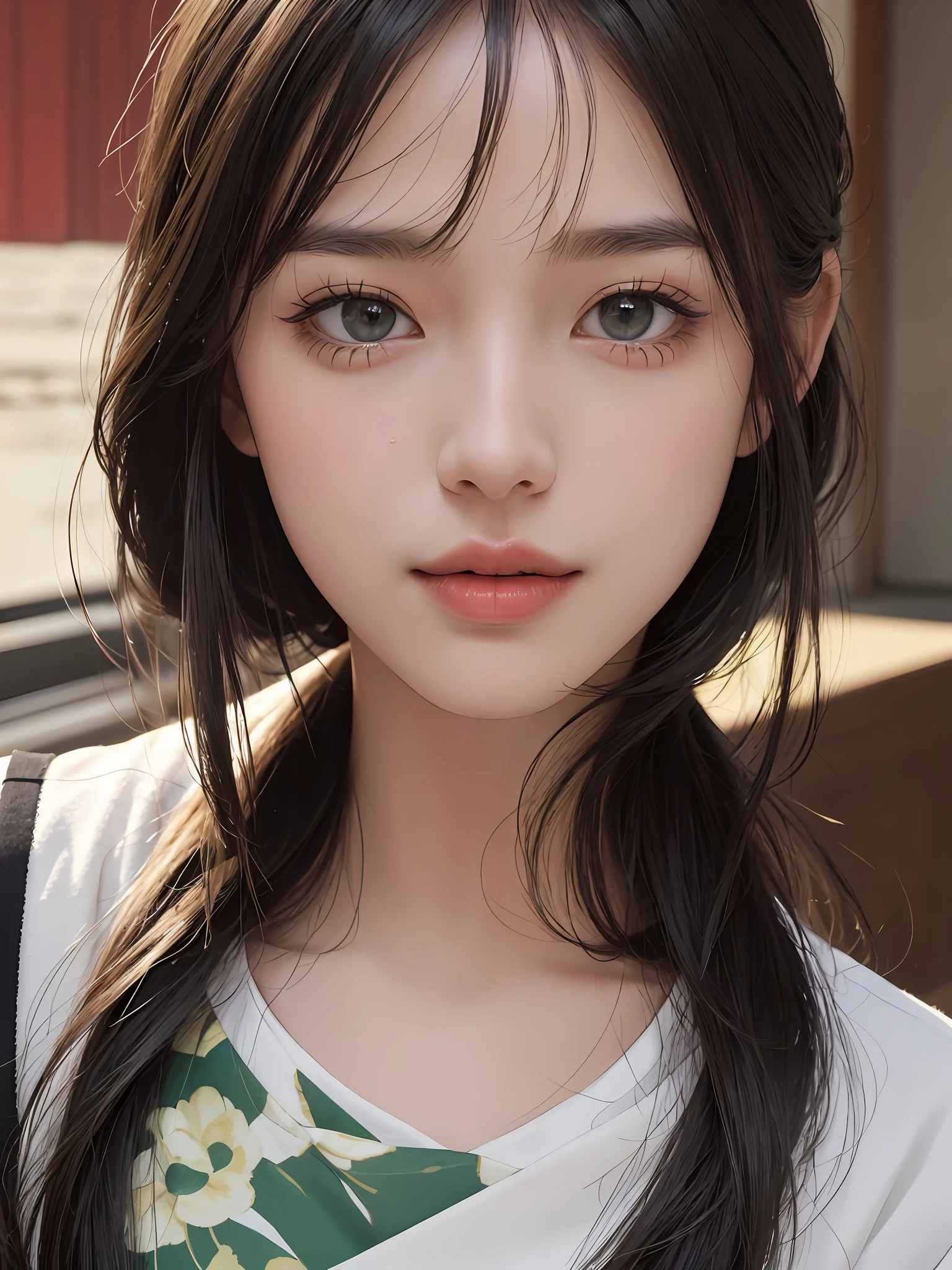 masterpiece, best picture quality, high quality, beautiful girl, Japanese, Japanese school girl, popular Korean makeup, detailed, swollen eyes, detailed eyes, detailed skin, beautiful skin, ultra high resolution, (reality: 1.4), very beautiful, slightly younger face, beautiful skin, slender, (ultra realistic), (illustration), (high resolution), (8K), (highly detailed), (best illustration), (beautifully detailed eyes), (super detailed), (wallpaper), (detailed face), looking at viewer, fine details, detailed face, pureerosfaceace_v1, smiling, looking straight ahead, looking straight ahead, angle from waist up, realistic photo, bright lighting, professional lighting, black hair (some green), long hair, dark ruins, big red moon, gorgeous red and black dress, mature woman, long stylish bangs,