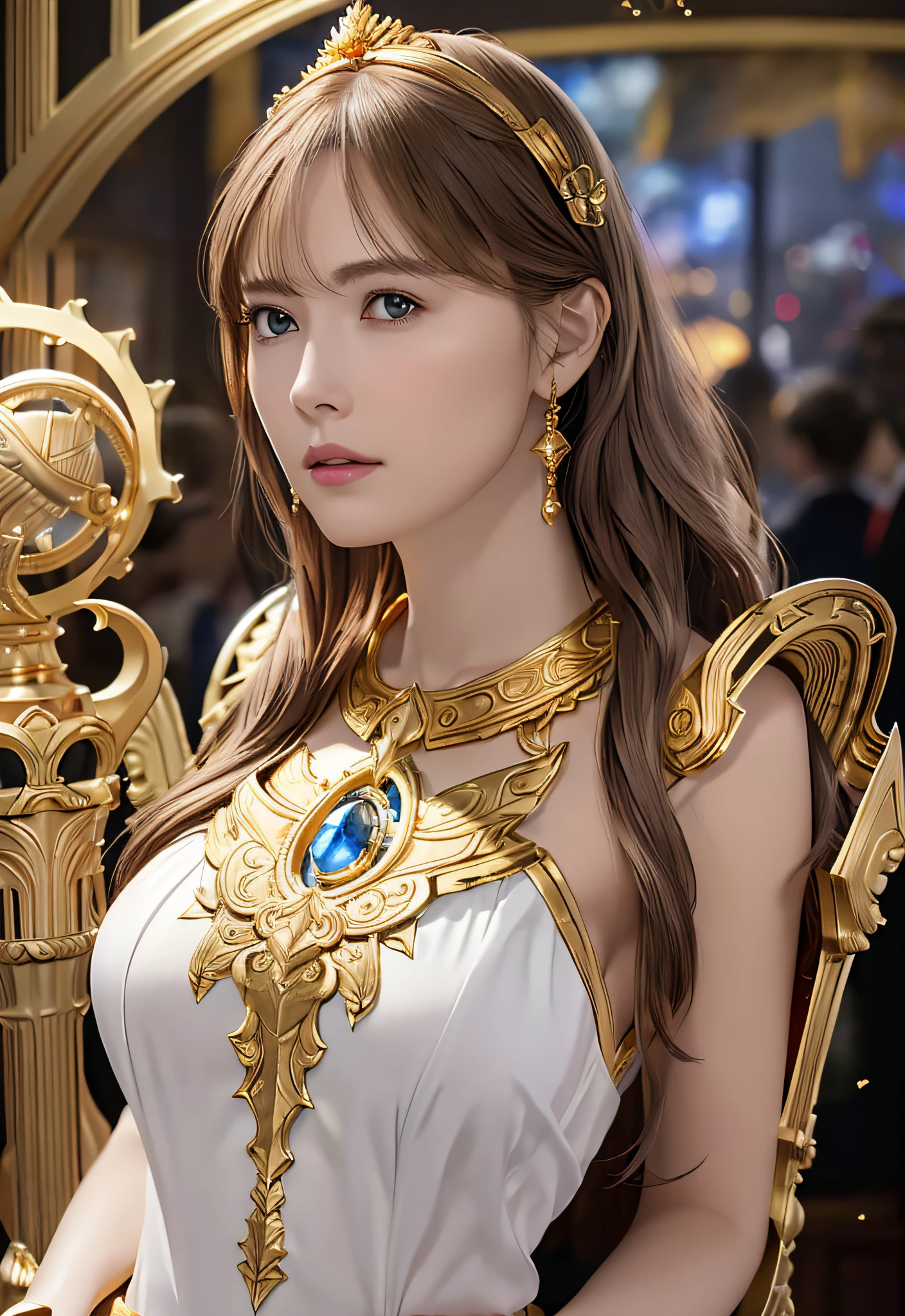 Protoss, (Best Quality), (Masterpiece), (High Resolution), (Intricate Detail),Ultra Detailed Complex 3D Rendering of Profile Face, (Photorealism), (Cinematic Light) Golden Crest, (Colossal: 6.8), Intricate Details, 1 Girl, No Bra, Clavicle, (Big), Big, (Long Hair:1.2) , Ultra High Definition, (Photorealistic:1.4) White skin, blue hair, steampunk, (perfect, with good details), gold crown, jewelry