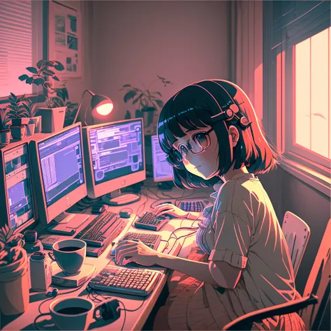 Create a high resolution artwork of Anime Girl is programming at a ...