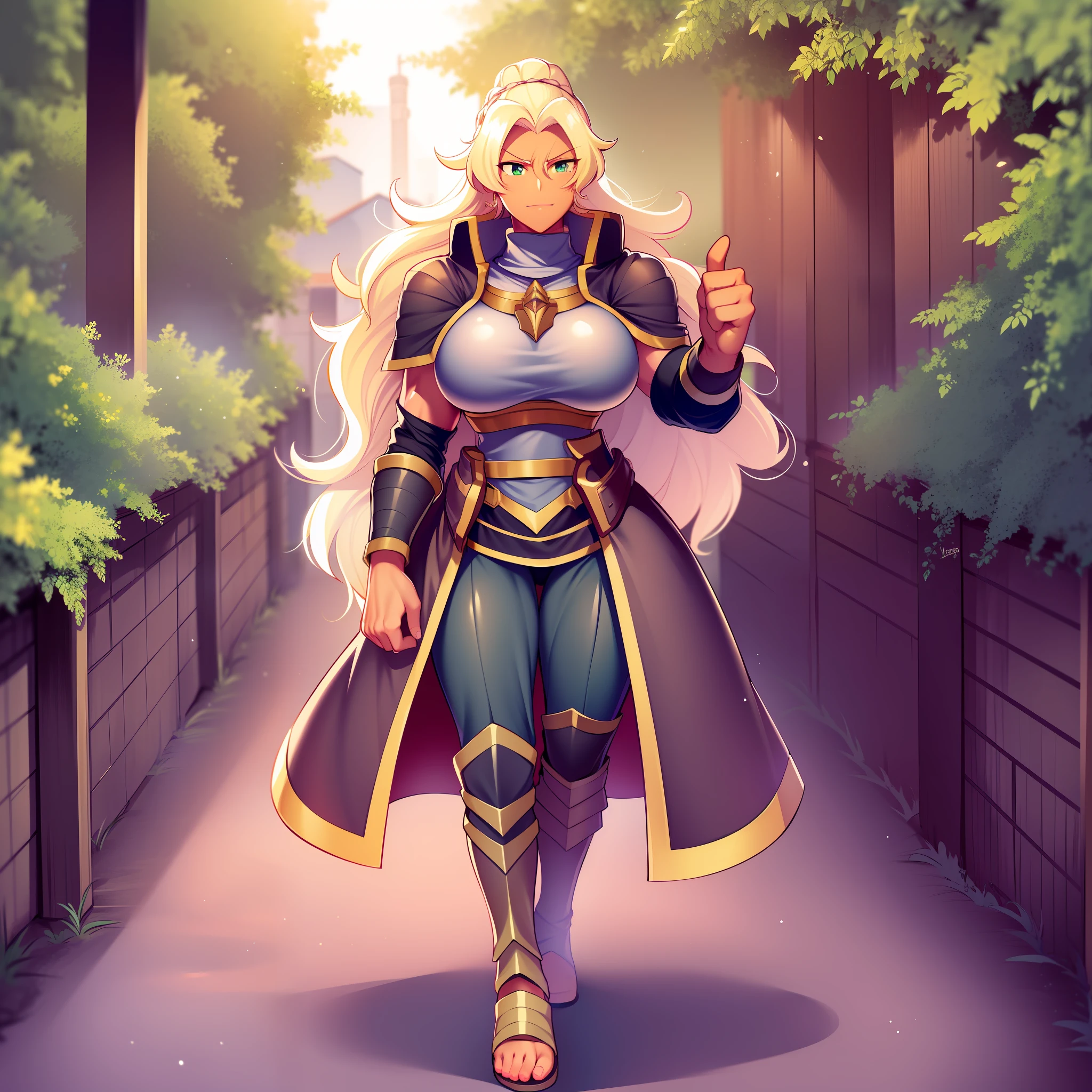 Muscle girl, dark-skinned woman, big breast, happy,, coat jacket, pants, portrait, 1character, full body, walking, long dress, medieval, village, farm,, forest,flipflops,blond hair,, , coat, buttler, victorian cloths,lance holding, warrior, green eyes,smile, light smile, open mouth