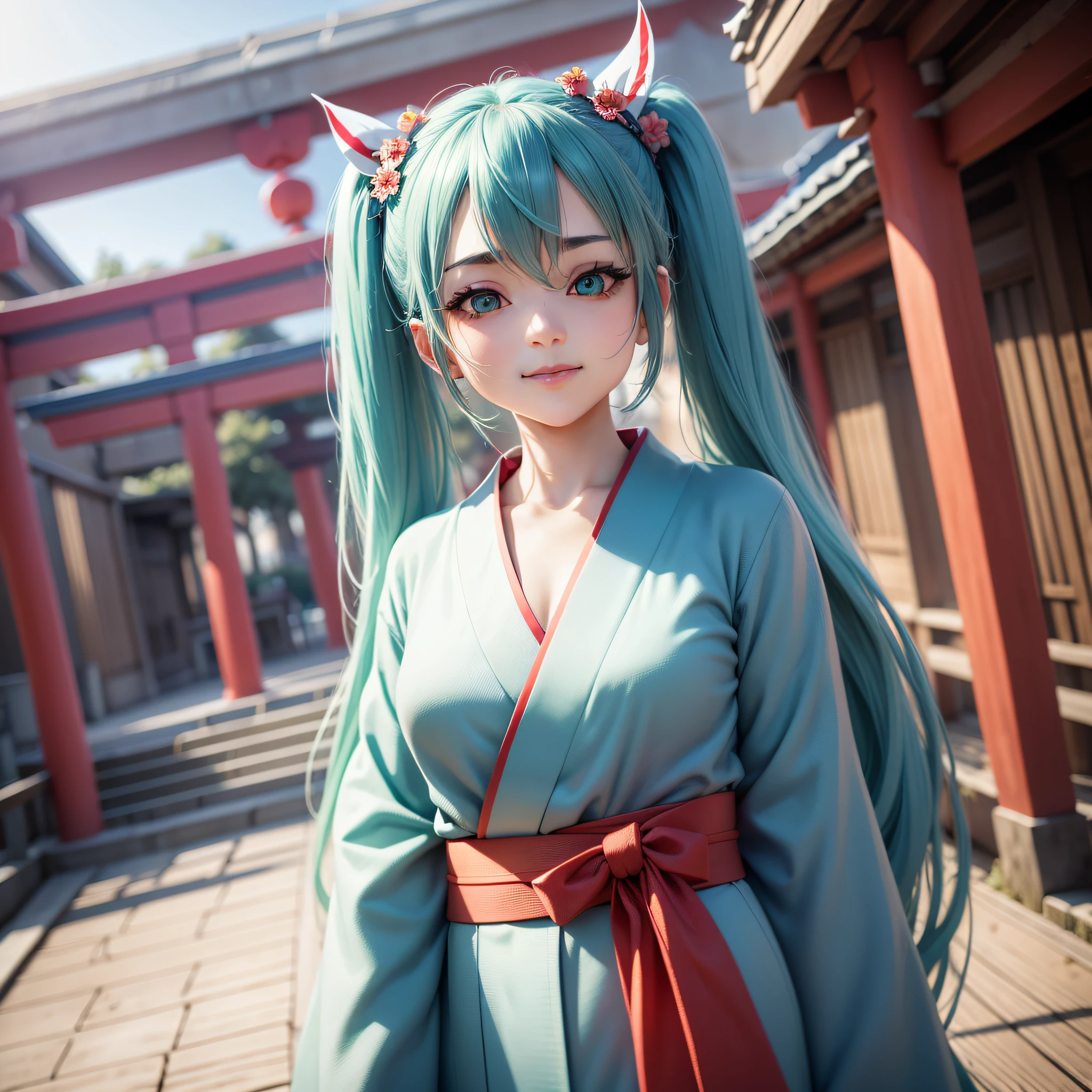 Hatsune Miku, blue eyebrows, blue eyes, twin tails with red ribbon, red hakama skirt, white long sleeve kimono, one, gravure pose, priestess, Japan shrine torii, healthy smile, (photorealistic: 1.3), ultra detailed, (high detail skin: 1.2), 8k UHD, DSLR, soft lighting, high quality, film particles