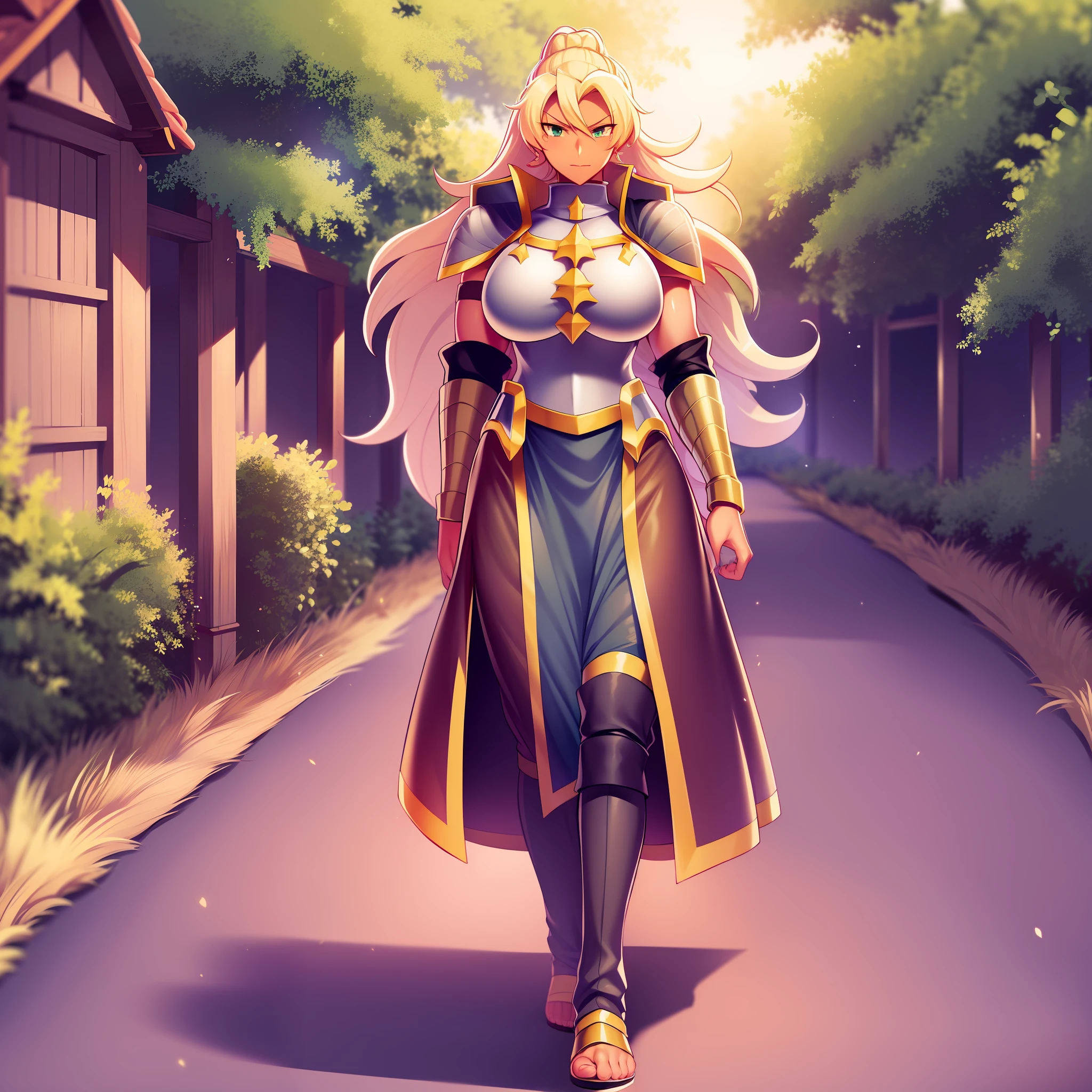 Muscle girl, dark-skinned woman, big breast, happy,, coat jacket, pants, portrait, 1character, full body, walking, long dress, medieval, village, farm,, forest,flipflops,blond hair,, , coat, buttler, victorian cloths,lance holding, warrior, green eyes,smile, light smile, open mouth