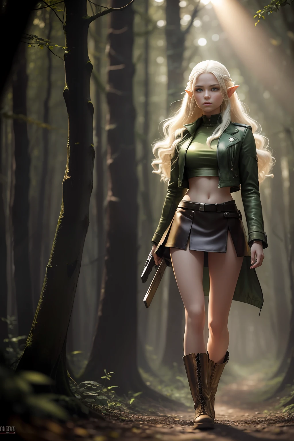 A woman in a green jacket and shorts holding a gun in a forest - SeaArt AI