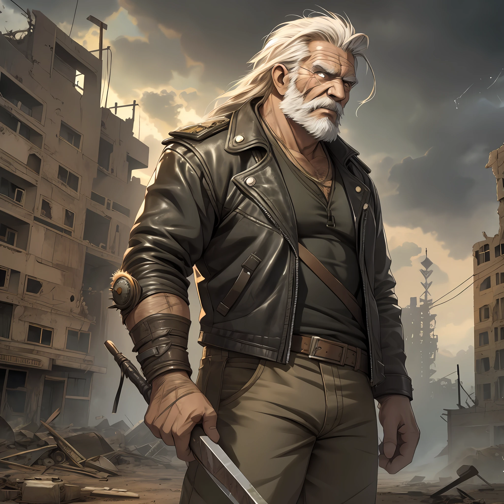 Create an image of a post-apocalyptic wasteland with a muscular old man as the central character. The old man is wearing a leather jacket and is holding a heavy metal weapon, such as a sledgehammer or a spiked club. His face is weathered with age and battle scars, and his hair is long and unkempt. In the background, there are ruins of a city that has been destroyed by war and natural disasters. The sky is dark with storm clouds, and there are signs of radiation damage in the landscape. The old man is standing in a pose that exudes strength and resilience, ready to defend himself against any threat that comes his way