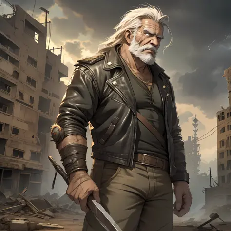 Create an image of a post-apocalyptic wasteland with a muscular old man as the central character. The old man is wearing a leath...