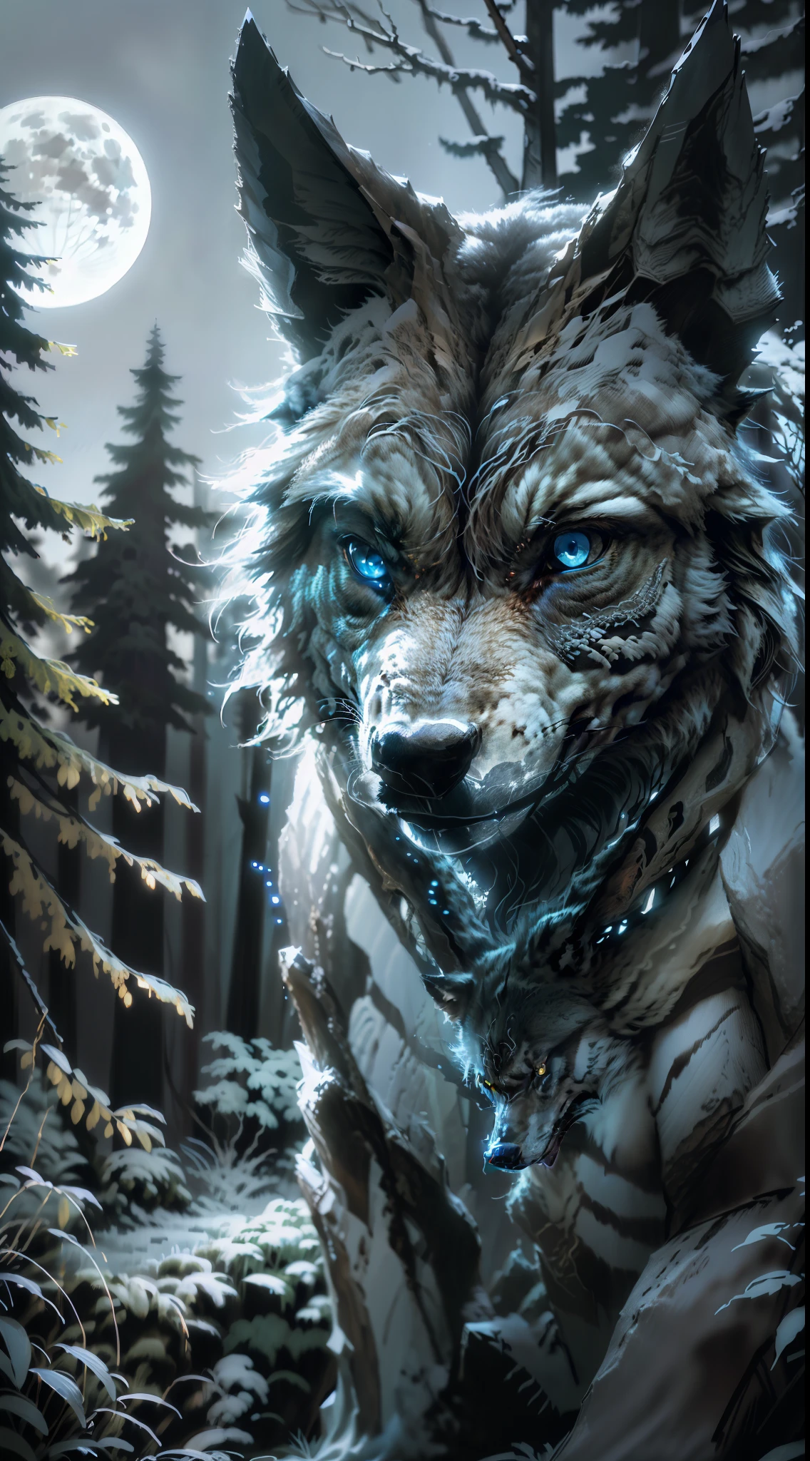 (4k, 人类发展报告, 图像焦点) 一群狼, 有色 "黑色的, 白色的, 蓝色的". 夜森林" 开放森林", 背景中的满月. 狼猎人 (真实感)