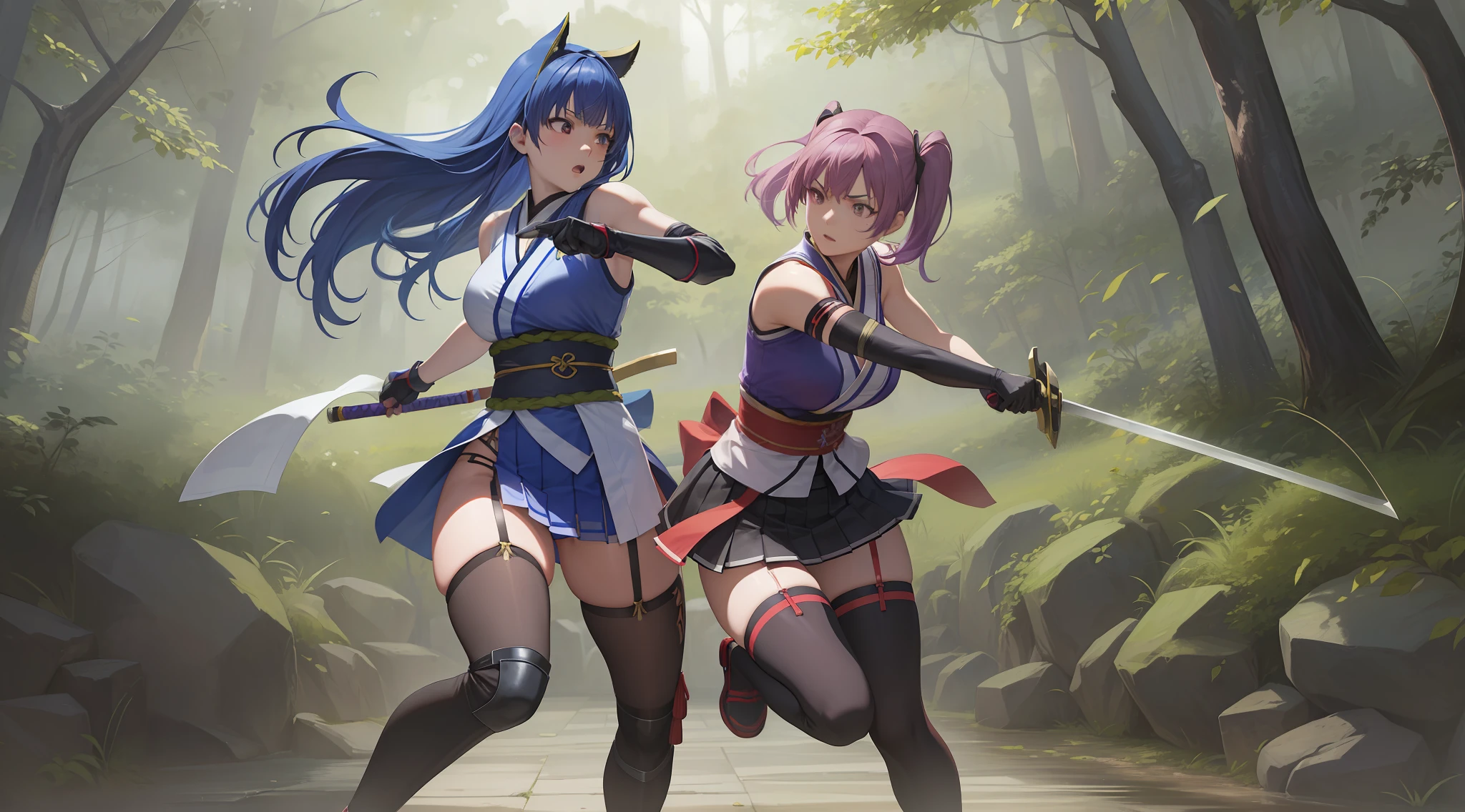 Foto de cuerpo entero de dos personajes femeninos del juego Dead or Alive. Kasumi versus Ayane, 1 contra 1, luchando en un feroz duelo a muerte con espadas cortas, arma con expresión seria. Uno de ellos recibe un corte letal y resulta herido. Tienen un peinado largo y suelto.. Llevan un color diferente al kimono tradicional sin mangas., falda adecuada, Un obi atado en la cadera trasera. Ambos llevan un par de guantes largos y finos de color negro., un par de 100% medias negras hasta el muslo, y zapatos negros. Fondo ambientado en un frondoso bosque.