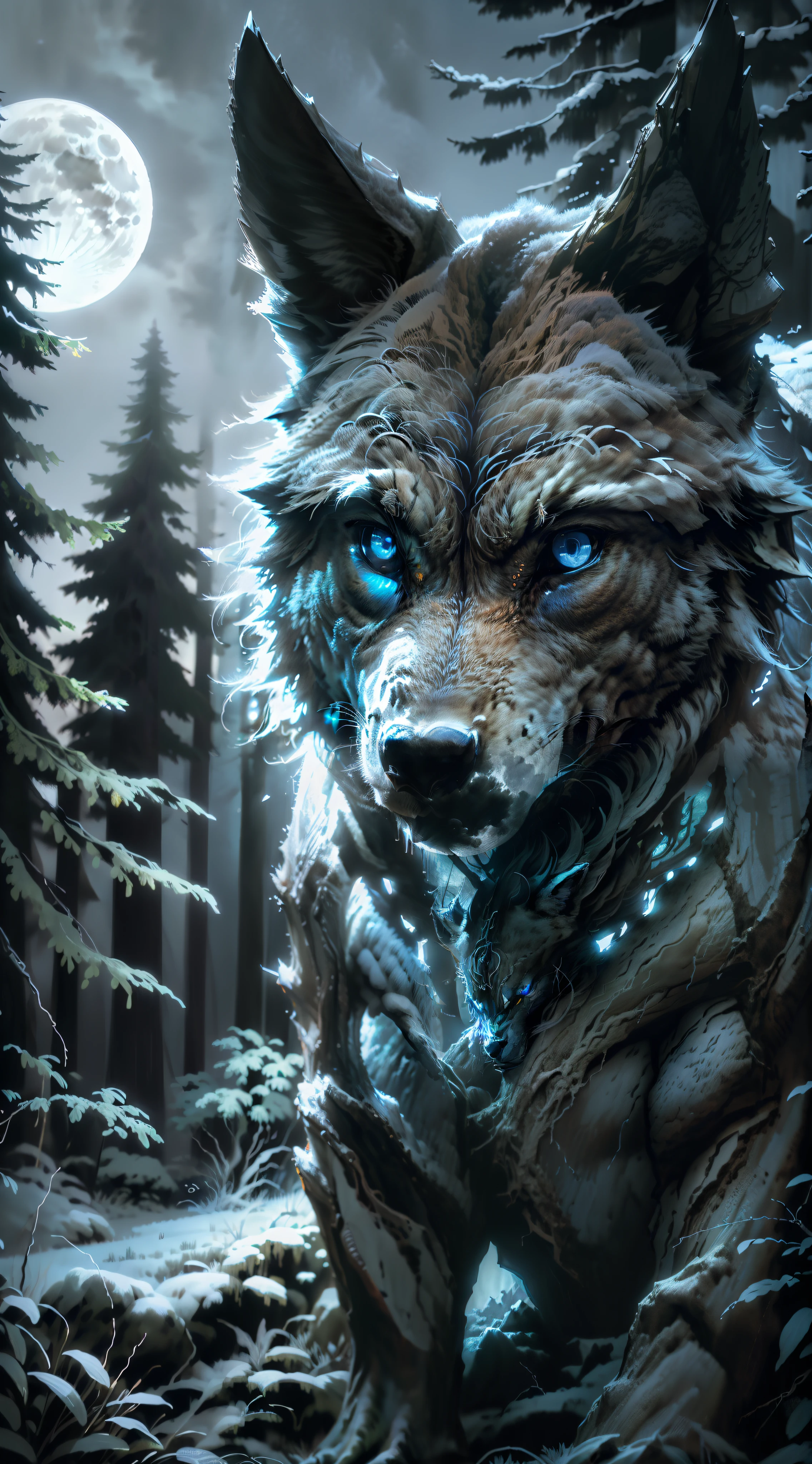 (4K, hdr, foco da imagem) matilha de lobos, colori "preto, branco, azul". floresta noturna" floresta aberta", lua cheia ao fundo. Caçador de lobos (fotorrealista)