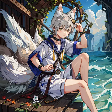 1boy, nine tails, (fox ears), (fox tail), gray hair, sailor suit, pose confident and cool, little boy, (dynamic angle), seaside