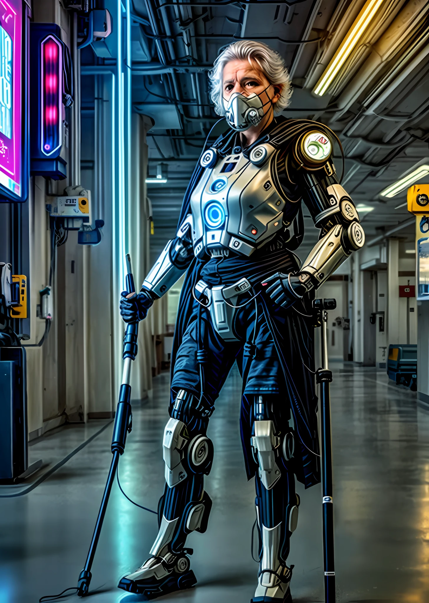 old woman, solo, full body, old woman holding a cane, mature, experienced, oxygen mask, robot, science fiction, realistic, cable, direct, cyberpunk, glow, flower, facial scar