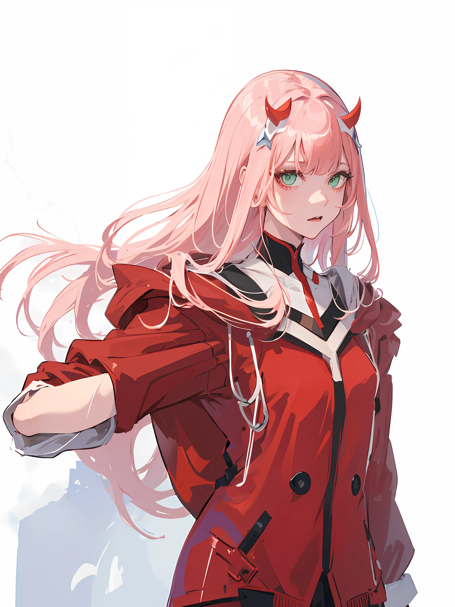 Anime girl with pink hair and horns in red coat（zero two (darling in the  franxx)) - SeaArt AI