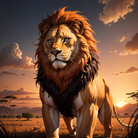 A majestic and regal lion, its golden mane flowing in the wind as it prowls through the tall grass of the savannah. In the distance, the setting sun paints the sky in shades of fiery orange and deep purple, casting a warm and welcoming glow across the Afri...