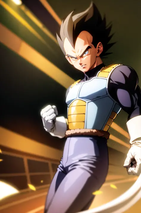 (cinematic, best quality:1.2), cowboy shot, solo, 1boy, vegeta, serious, looking at viewer, black spiked hair, black eyes, armor...