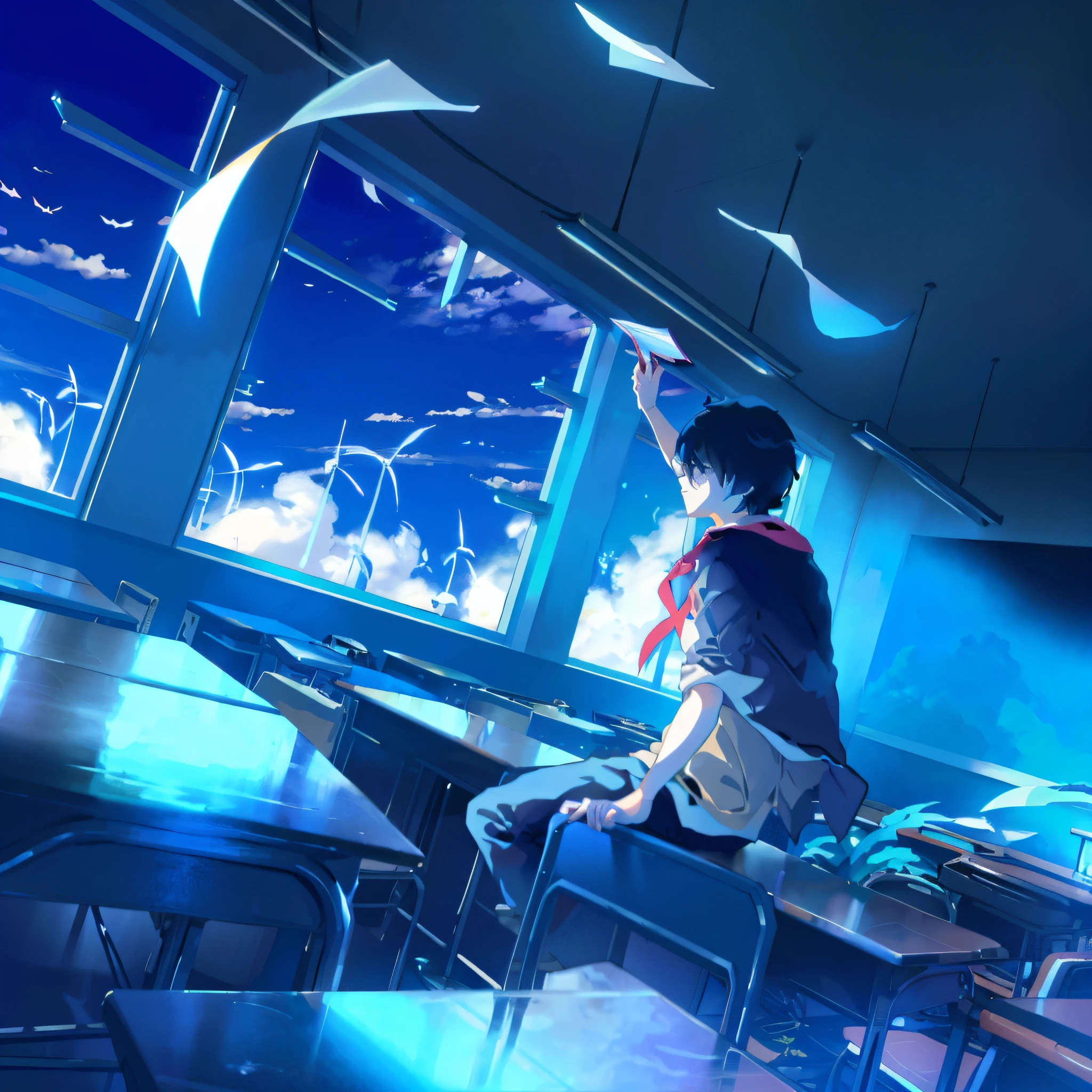 Anime anime boy sitting on table, documents flying in the air, Makoto Shinkai Cyril Rolando, Makoto Shinkai style, Makoto Shinkai! , amazing wallpaper, Shinkai Makoto style, Shinkai Makoto style, anime movie background, (((Shinkai Makoto)), anime art wallpaper 8 K, Shinkai Makoto art style