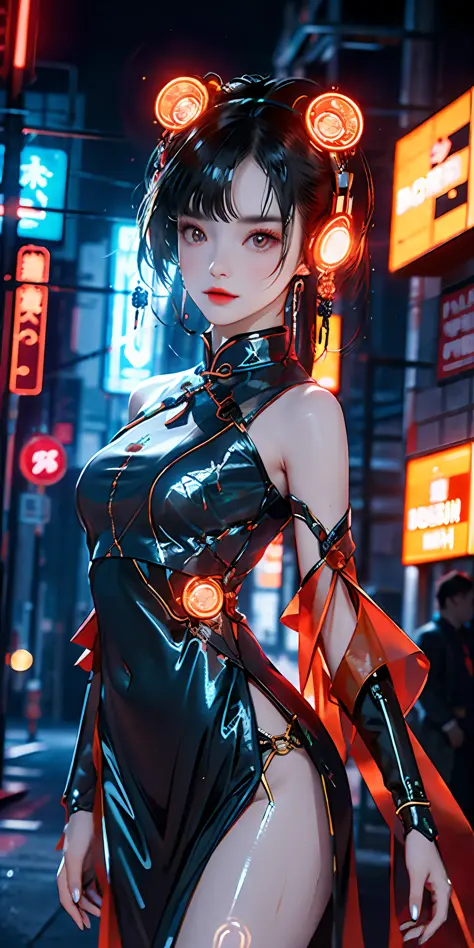 1 girl, Chinese_clothes, liquid silver and orange, cyberhan, cheongsam, cyberpunk city, dynamic pose, detailed luminous headphon...