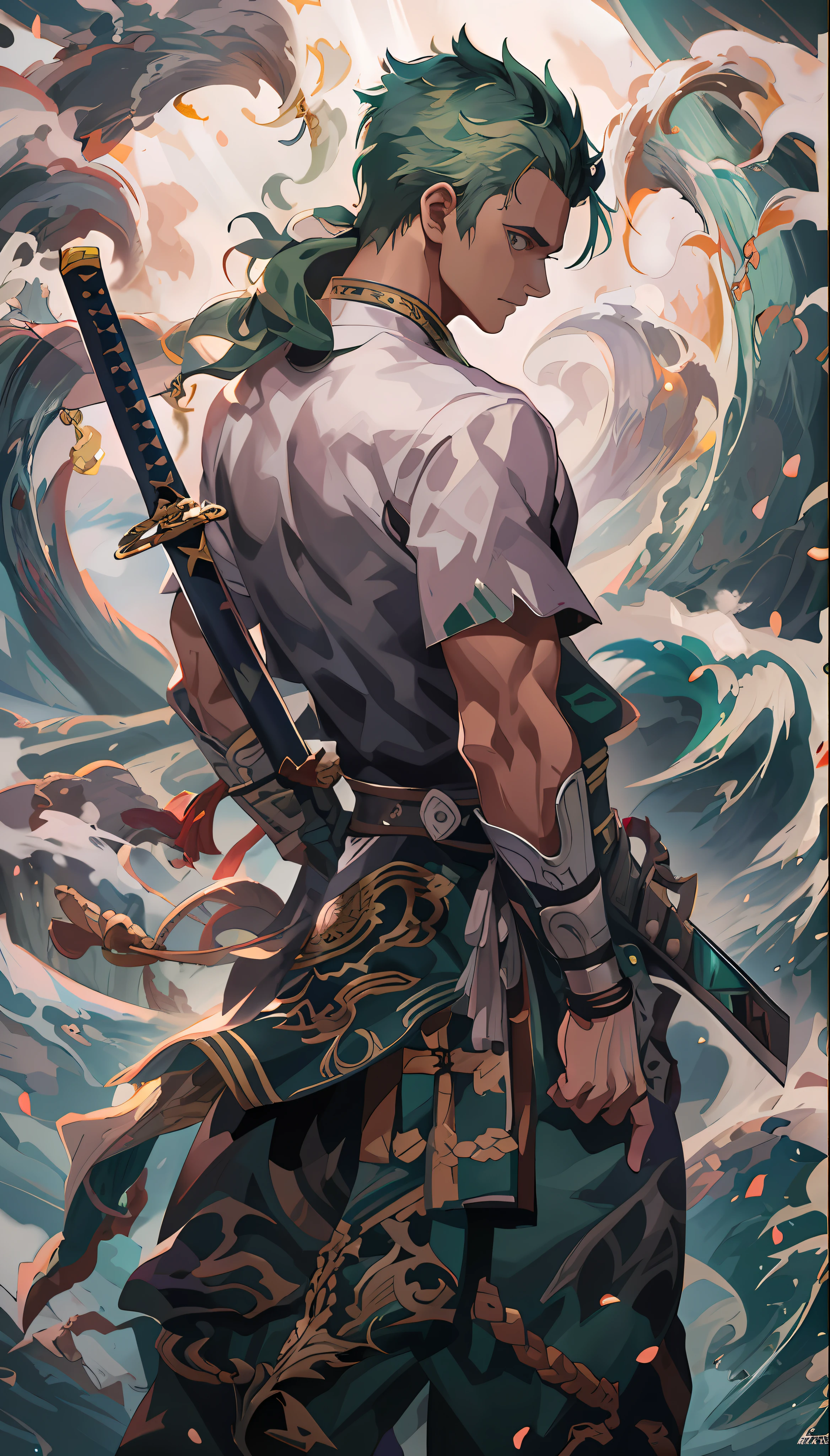 A painting of a man with green hair holding a sword - SeaArt AI