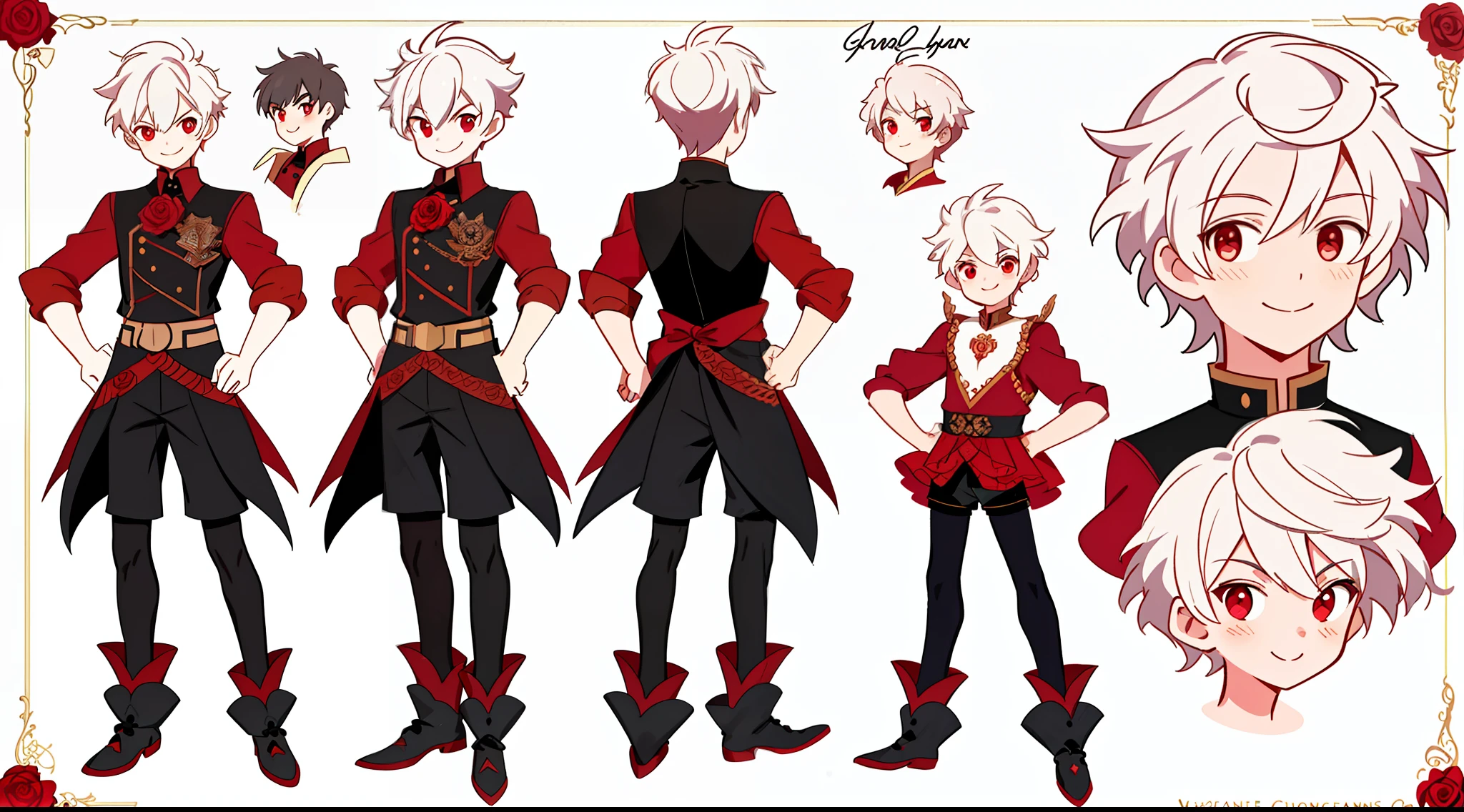 Reference sheet of a cute boy, short white hair, red eyes, smiling, black european outfit with short shorts, red rose on chest, detailed face, detailed hair, concept art, character concept art, character sketch, reference sheet, character sheet