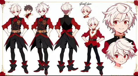 Reference sheet of a cute boy, short white hair, red eyes, smiling, black european outfit with short shorts, red rose on chest, ...