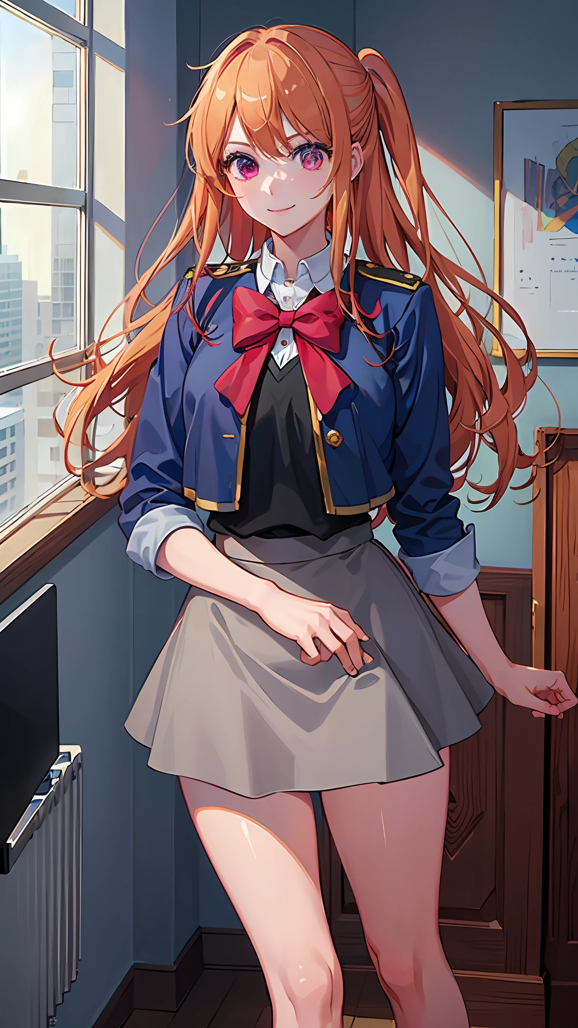 ((((Masterpiece)))), Top Quality, Super Detail, Illustration,One woman with beautiful smile, in uniform, upper body передвигая, standing in the school watch viewer, star-shaped pupils shining with long blonde hair. Beautiful legs peek out from the skirt, making it an ultra-high resolution wallpaper with beautiful scenes like Hoshino Ruby.