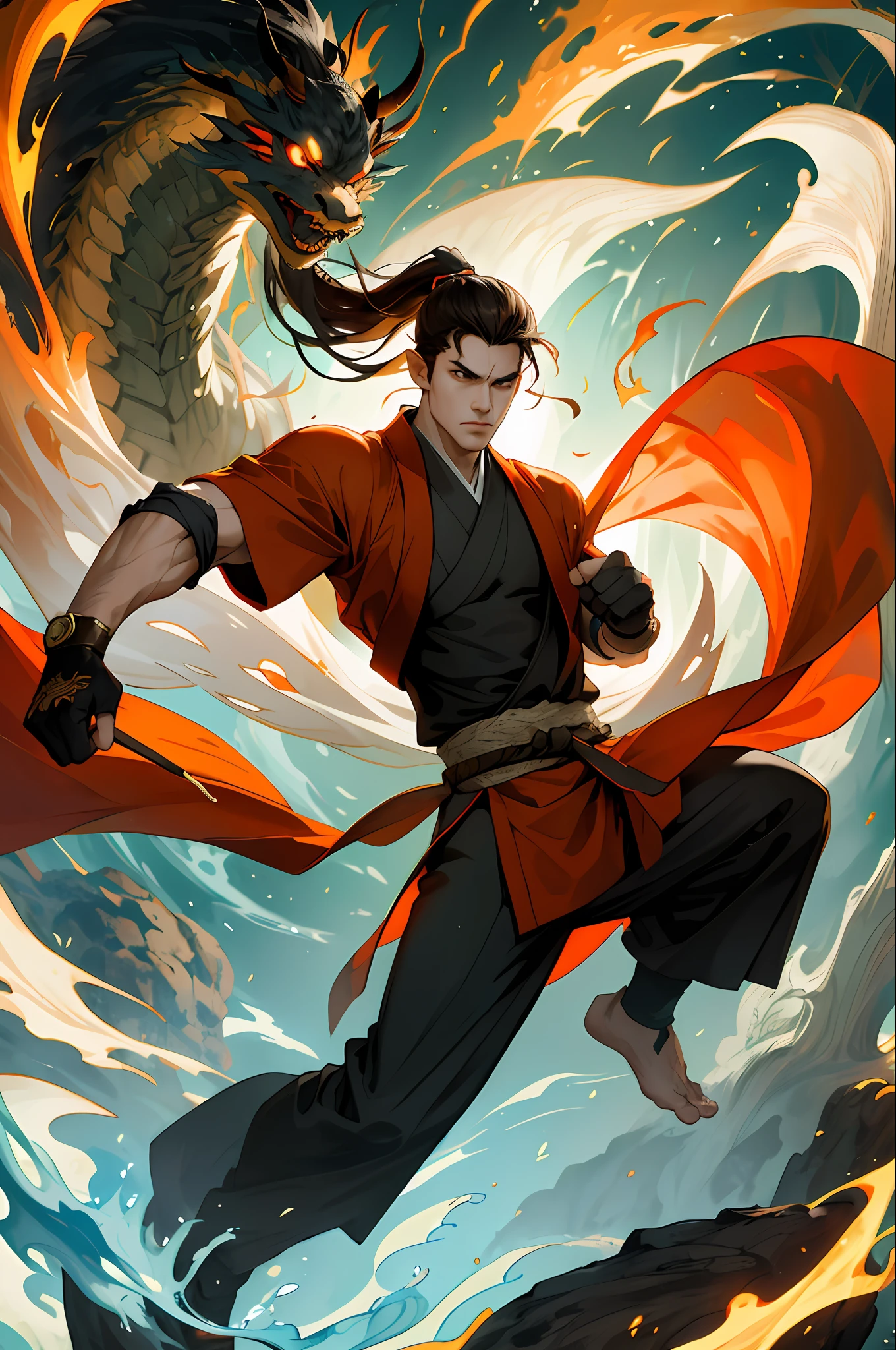 (Absurd, intricate details, masterpiece, best quality, high resolution, 8k), 1 male, mature, handsome, tall muscular man, broad shoulders, ponytail hair, dark brown eyes, fine eyes and detailed face, behind him is a huge water element, (style swirl magic: 0.7), (full body: 0.6), (Chinese fantasy theme: 1.1), hair fluttering in the wind, martial artist, dynamic pose, combat stance, clenched fists, fingerless gloves, wristbands, dragon-themed costumes, monk robes, Bamboo forest in background, rotating floating particles, dynamic composition, mysterious oriental medieval atmosphere, depth of field, visual effects.