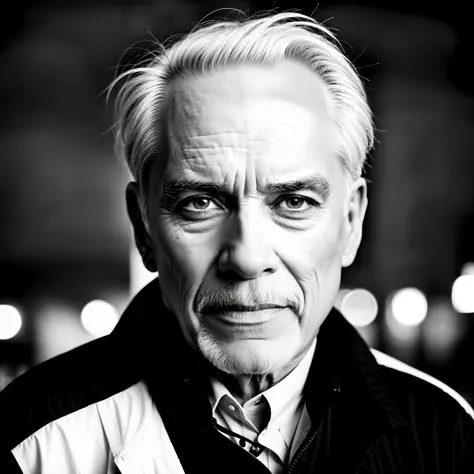 60 years old man in black with white hair, black and white portrait, face, half, body, high detail skin, skin pores, city night,...