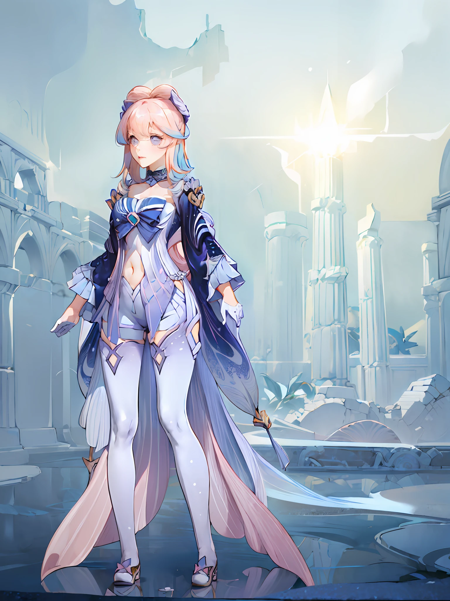 ((masterpiece,best quality)),(negative space:1.4),(1girl, solo:1.4),beautiful detailed eyes,floating pastel pink hair, breasts,long hair, long white stockings, white gloves, ancient ruins, columns, greek architecture,