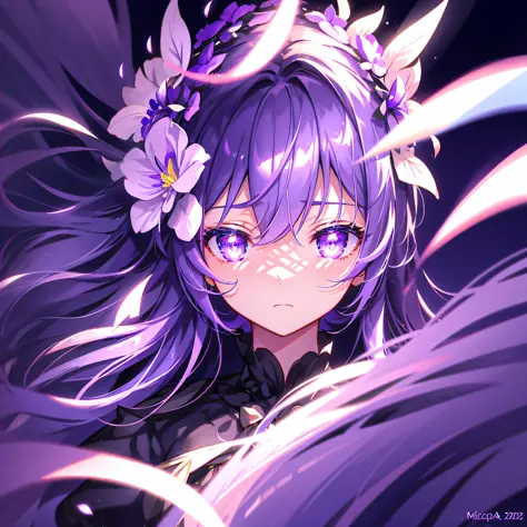 mizura, hair flower, purple eyes, high detail, chiaroscuro, cinematic lighting, chromatic aberration, ray tracing, drop shadow, ...