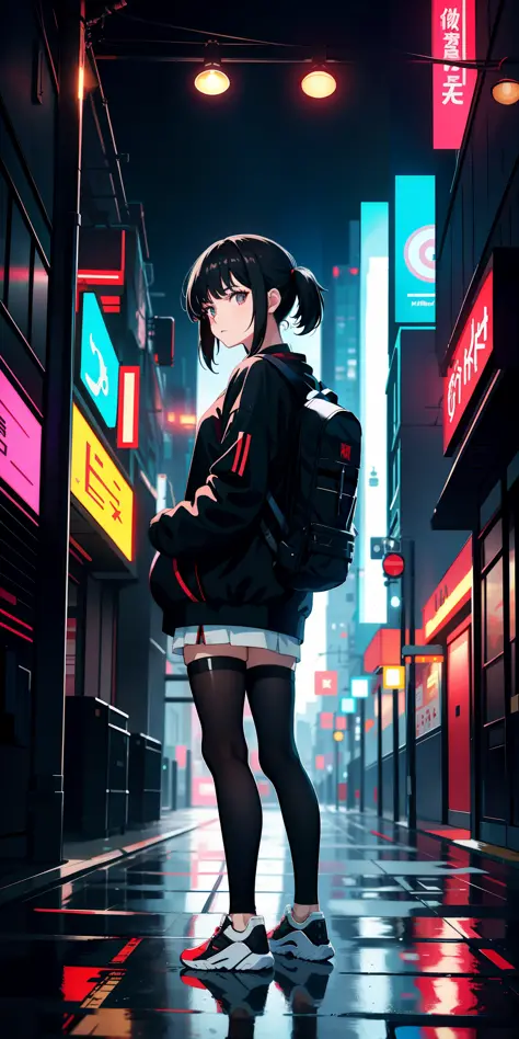 Anime girl with black hair, casual clothing, light clothing, cyberpunk style, lights, wearing backpack, light clothing, shy look, dark eyes, buildings in the background, blur, anime art style, focused face