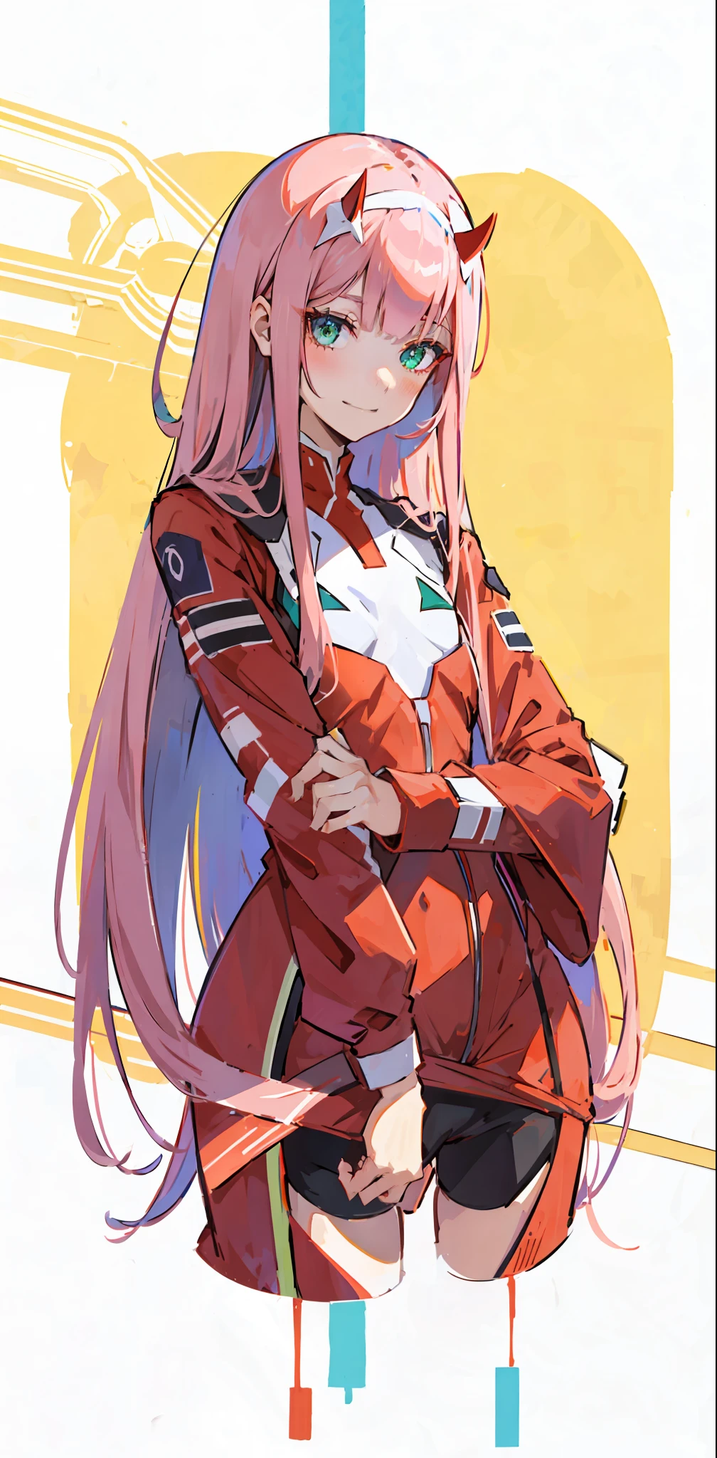 zero two \(darling in the franxx\), darling in the franxx, 1girl, bangs, biting, blush, covered navel, eyeshadow, green eyes, hair behind head, horns, smile, long hair, looking at viewer, makeup, small breasts, pilot suit, red suit, pink hair, red eyeshadow, science fiction, skin tight, solo