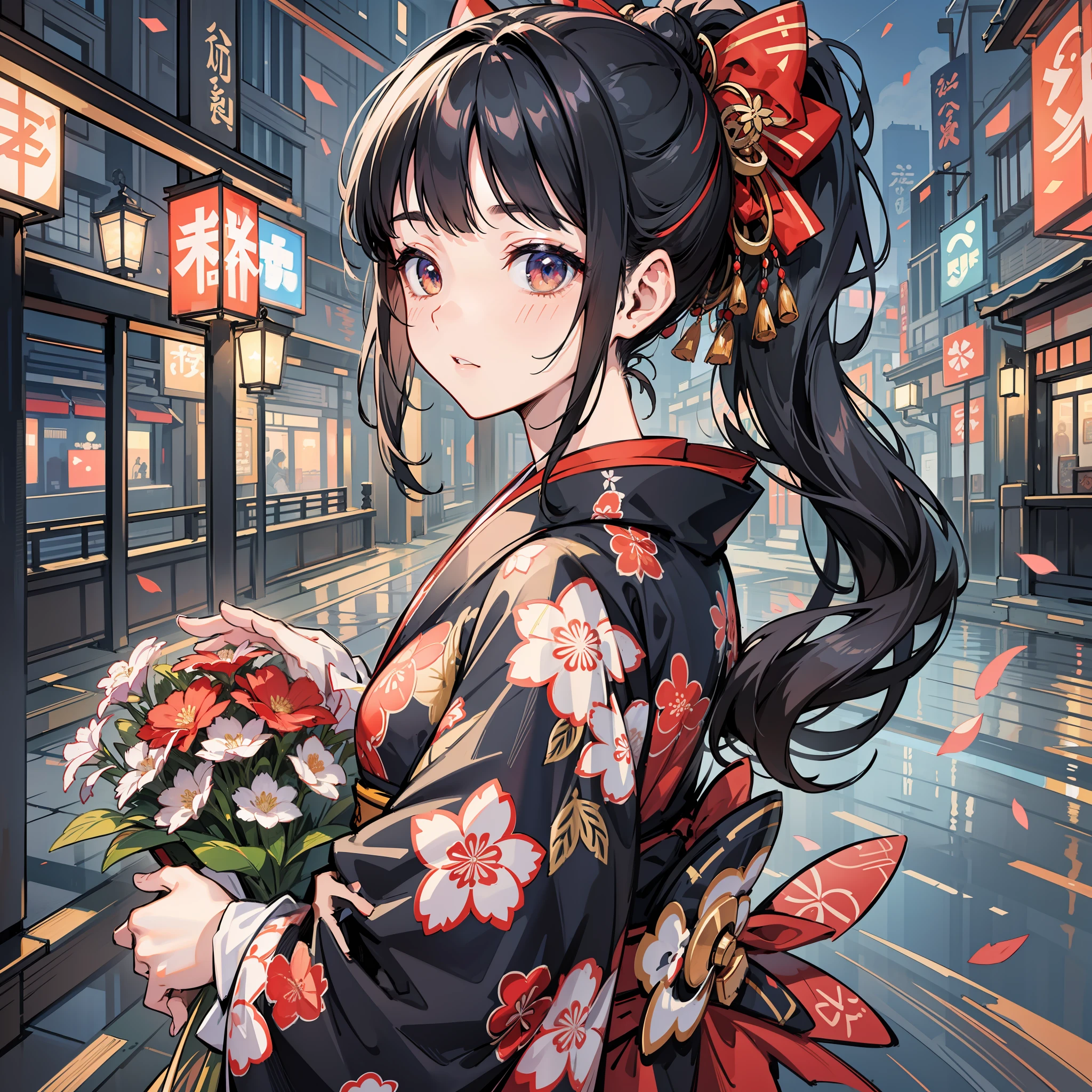 clearface,master-piece,hyper quality, hyper detailed,perfect drawing,CG,3D,8k,illustration,beautiful face girl,hiten_1,Solo,Black hair ponytail, tying hair with big red ribbon, samurai costume, kimono beauty holding a large bouquet, kimono, kimono, kimono, gift, celebration, 100 views of Japan, world heritage, beautiful background