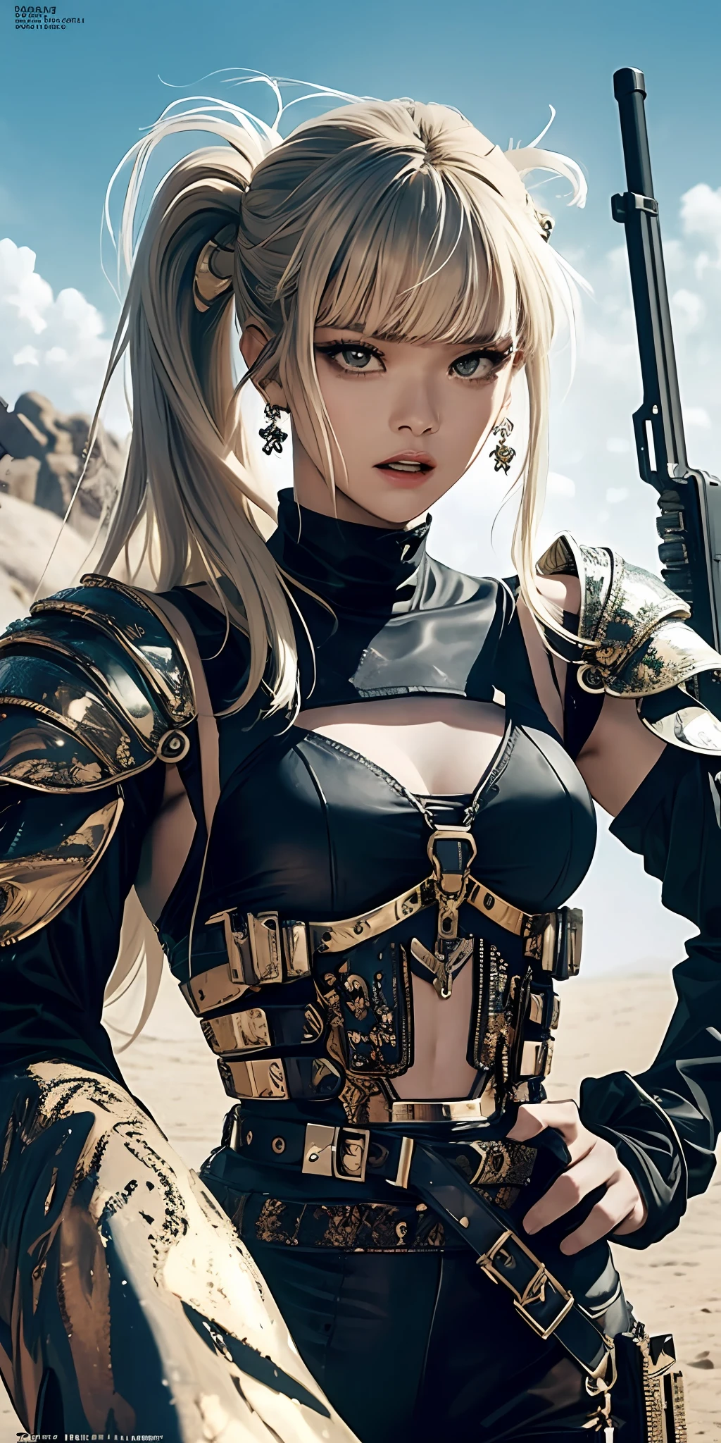 (masterpiece, best quality), 1girl, solo, beautiful woman, post apocalyptic style detailed asymmetrical filigree armor, wasteland punk style, weapons, wavy hair, ponytails, asymmetrical bangs, perfect face, beautiful face, dirt on her face, alluring, big gorgeous eyes, open mouth, perfect slim fit body, barren wasteland, bright colors