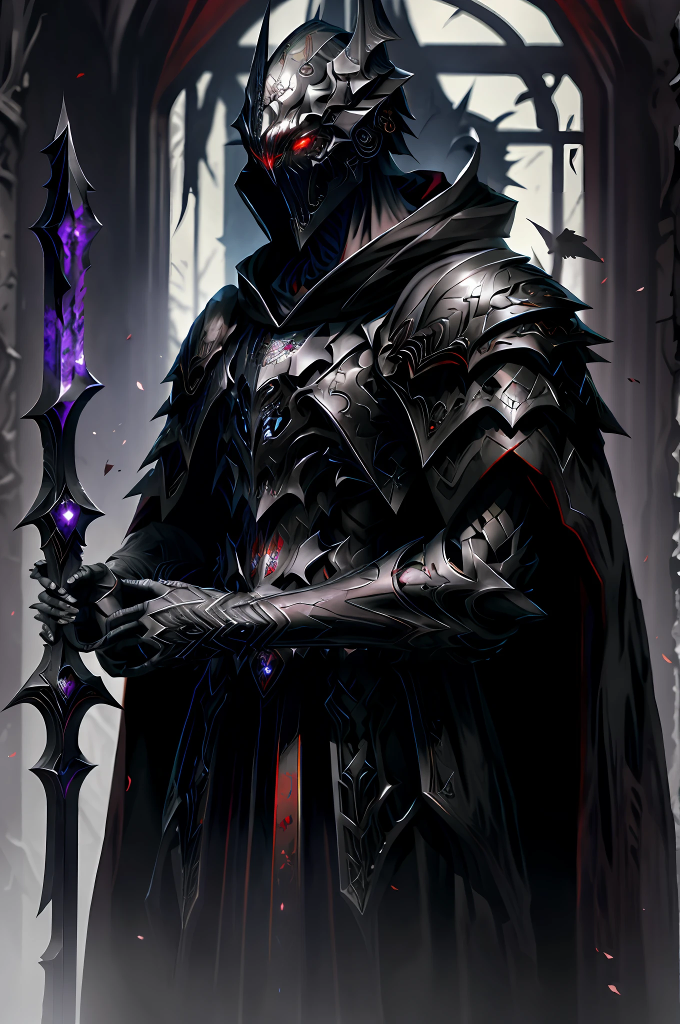 dark soul, A bodyless armor, black shawl, black hood, no face, male, armor carving, demonic armor, black face, scarlet eyes, barrel helmet, peephole, iron crown, holding a Ornate black and purple one-handed sword, gothic style, in a dark forest