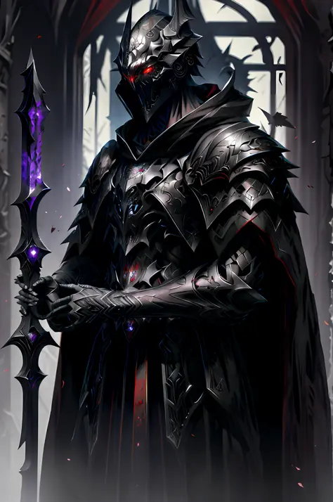 dark soul, A bodyless armor, black shawl, black hood, no face, male, armor carving, demonic armor, black face, scarlet eyes, bar...
