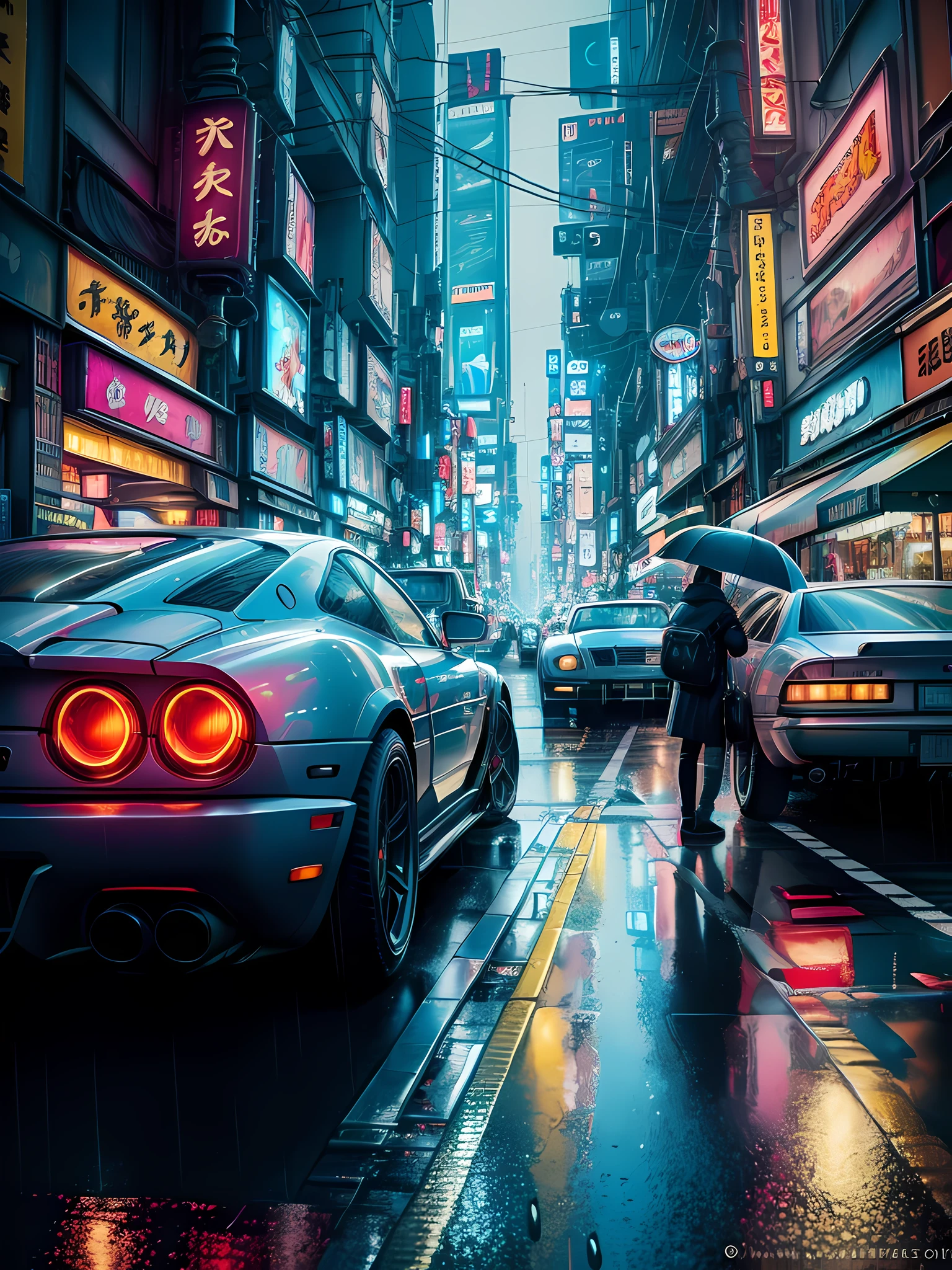 ((best quality)), ((masterpiece)), ((ultra realistic)), ((night time)), majestically detailed soft oil painting by jim lee, beautiful neon cyberpunk Tokyo, reflections, raining, crowded scifi city street, futuristic cars, night time, metallic, neon edge lighting, people, umbrellas, professional, skyscrapers, deep shadows, masterpiece, realistic, roughness, ultra realistic, photographed on a Canon EOS R5, 50mm lens, F/2.8, HDR, 8k resolution, highres, high detail, sharp focus, smooth, roughness, real life, photorealism, photography, 8k uhd,