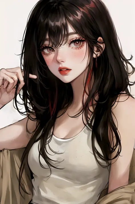 anime-style, illustration, watching from a distance, black hair, watercolor, one-hong makeup, chaiborg, simple background, one girl, black hair, (Super Straight Hair 1.8)))), no bangs, looking at the camera, facing forward, beautiful face, white skin, glos...