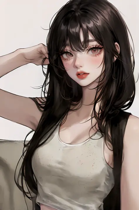 anime-style, illustration, watching from a distance, black hair, watercolor, one-hong makeup, chaiborg, simple background, one g...