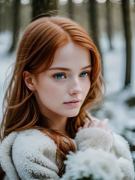 close up of a european woman, ginger hair, winter forest, natural skin texture, 24mm, 4k textures, soft cinematic light, RAW pho...