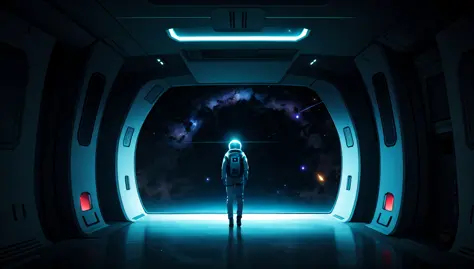 atmospheric illustration of a space traveler in a spaceship looking  through the window, seeing the universe filled with stars, ...