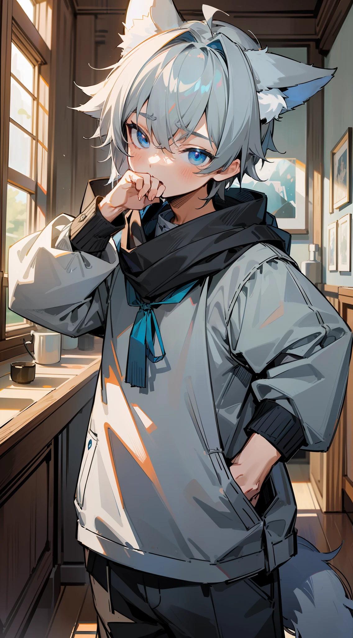 (1boy), (Shota), (HD quality, masterpiece level), cute teen characters, dark gray hair, blue eyes, (wolf ears), (wolf tail), one tail, (no ears), (little boy), (ears covered), (hair covered ears), face camera, a pinch of blue bangs, panorama,