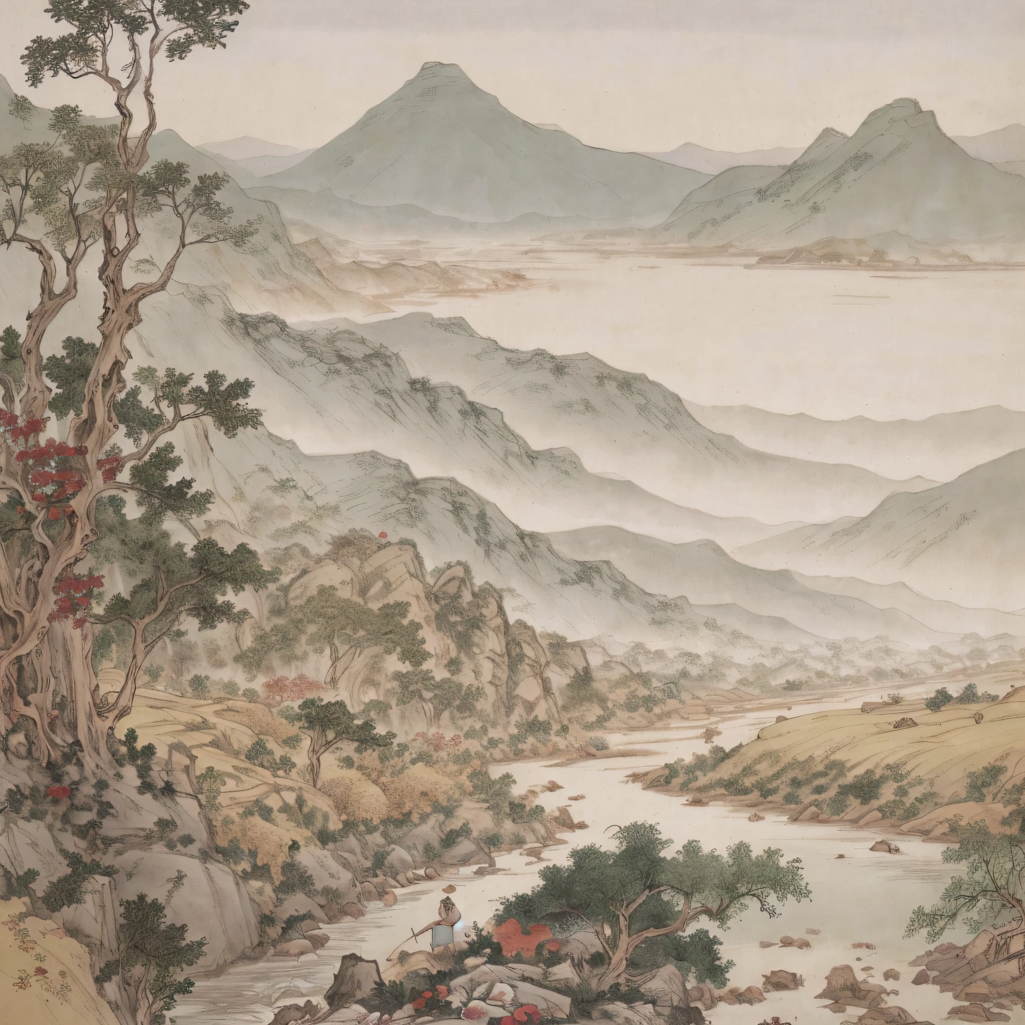 chinese painting, mountain, rock, flower, grass, river, tree, mountain in the distance, (sitting old man), (walking farmer), vanishing point, 35mm, UHD, masterpiece, ccurate, high detail, award-winning, best quality, 4K